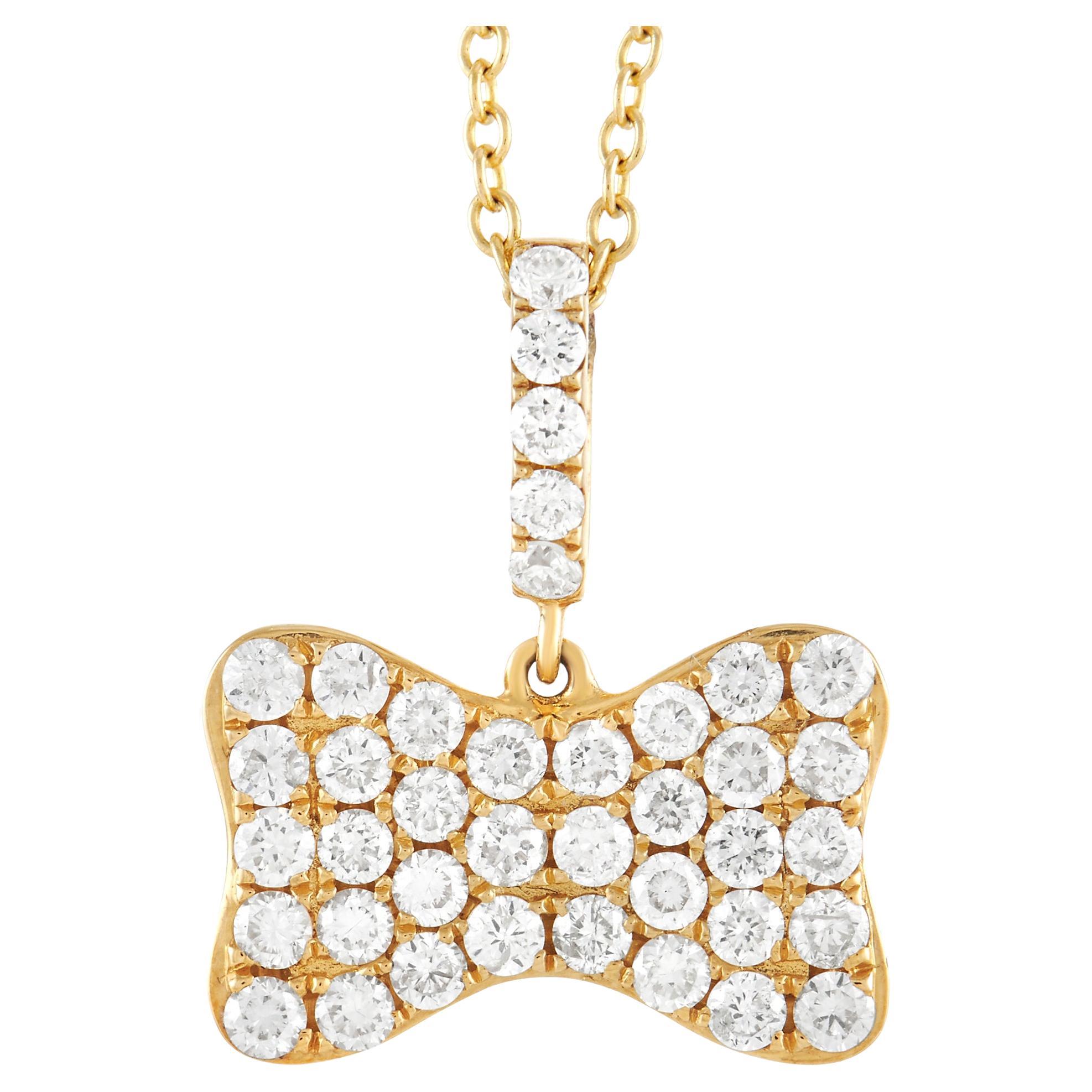 LB Exclusive 18K Yellow Gold 0.80 ct Pave Diamond Bow Pendant Necklace For Sale