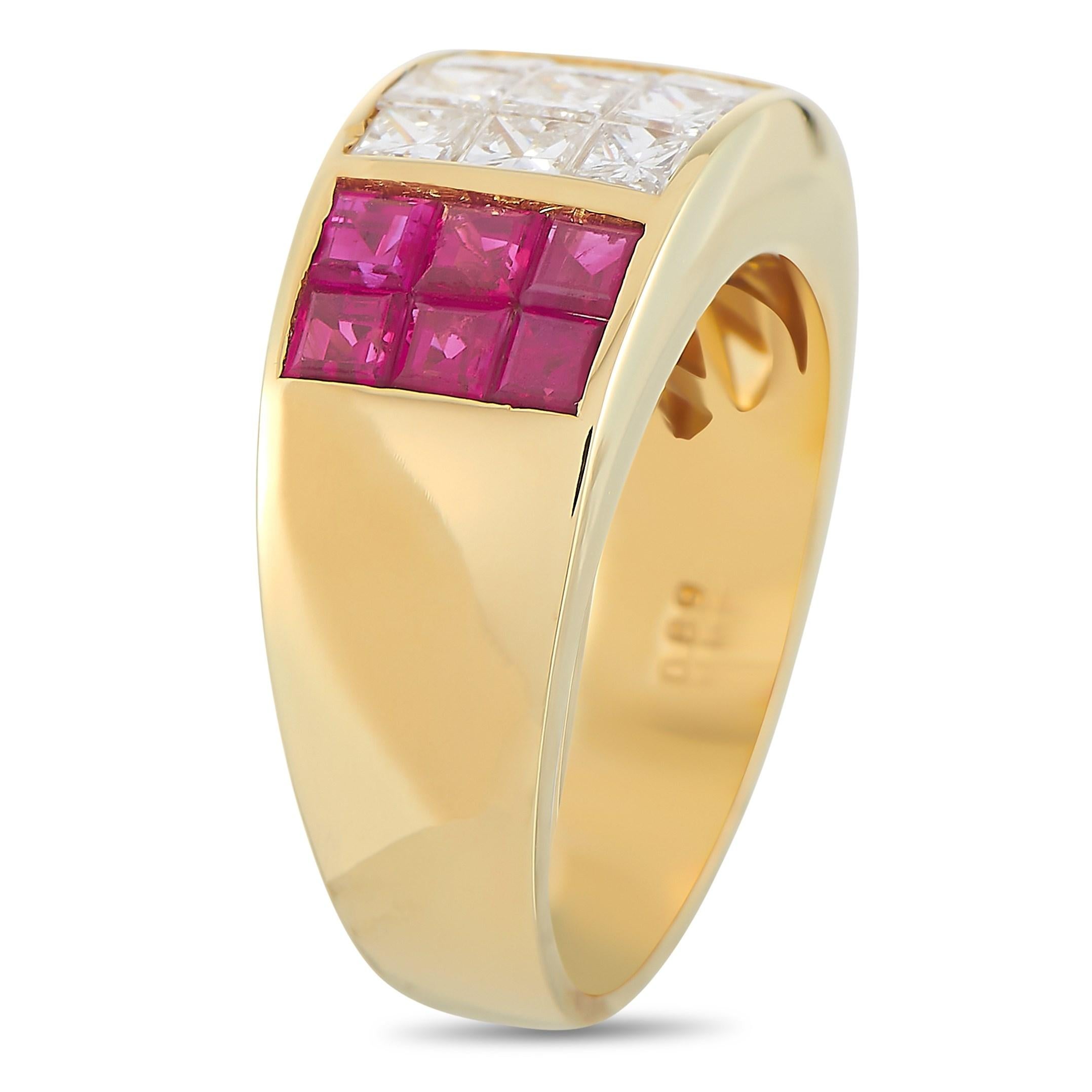 This bold LB Exclusive 18K Yellow Gold 0.89 ct Diamond 1.41 ct Ruby Ring is a statement piece. The band is made with 18K yellow gold and set with three rows of three princess cut diamonds totaling 0.89 carats. The diamonds are flanked on either side