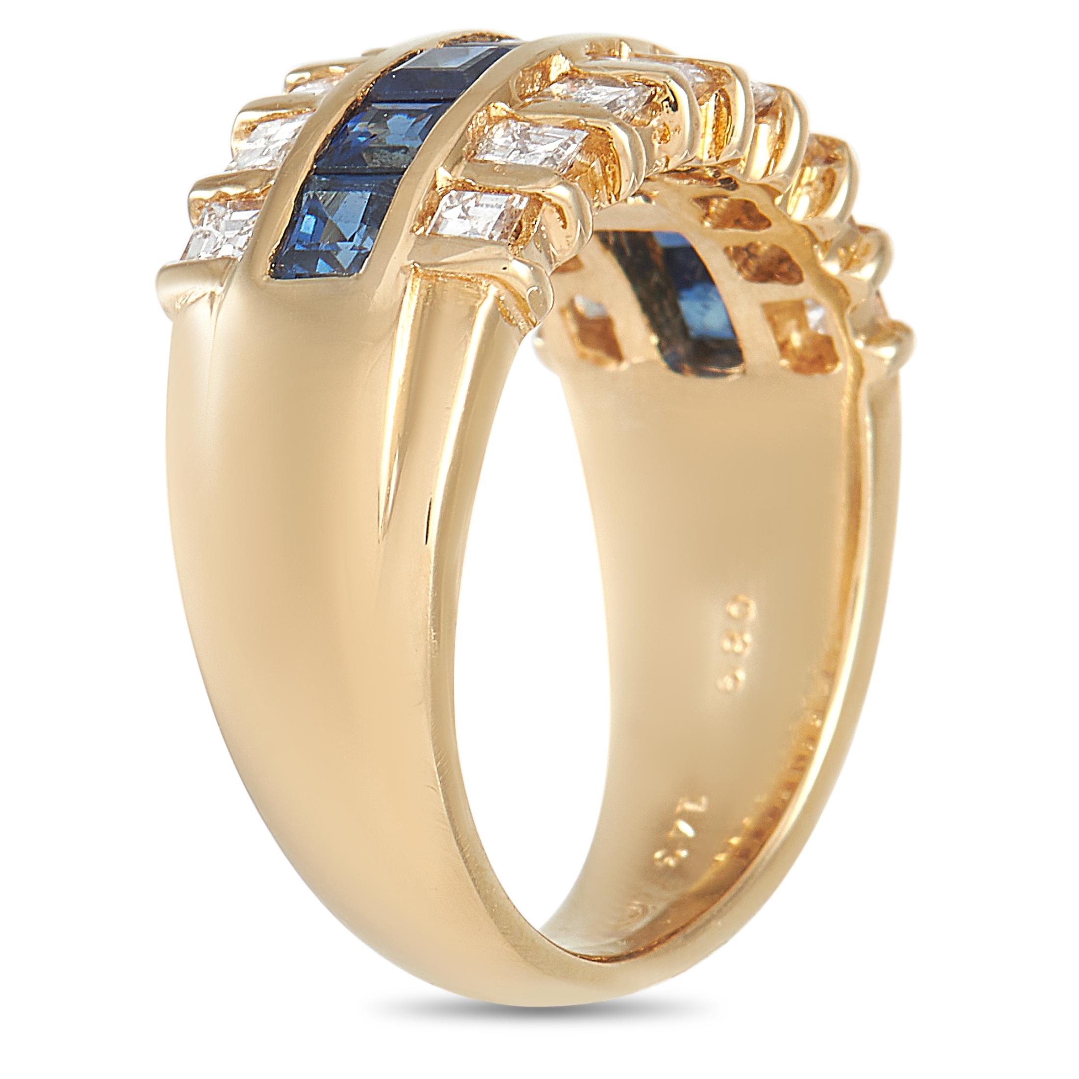 This elegant ring is the type of piece that effortlessly commands attention. At the center, you’ll find band of deep blue square-cut sapphire gemstones totaling 1.43 carats. It’s flanked by an array of shimmering diamonds with a total carat weight