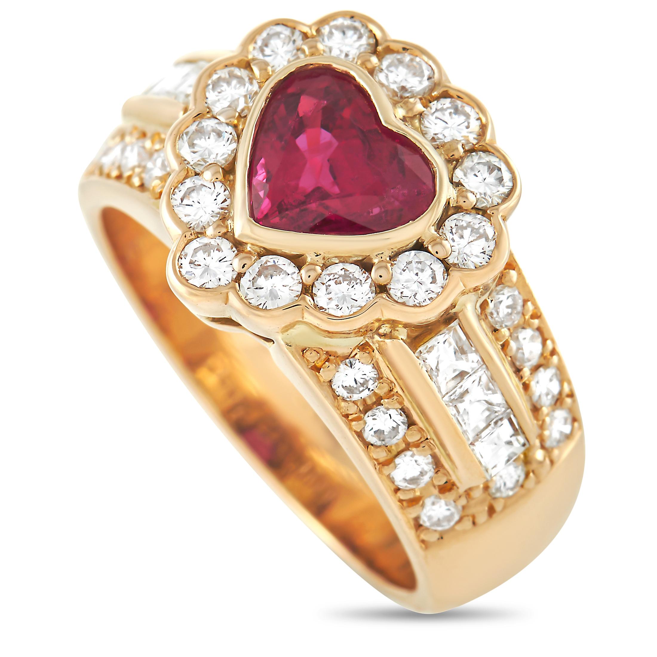 LB Exclusive 18K Yellow Gold 0.92 Ct Diamond and 1.17 Ct Ruby Heart Ring In Excellent Condition In Southampton, PA