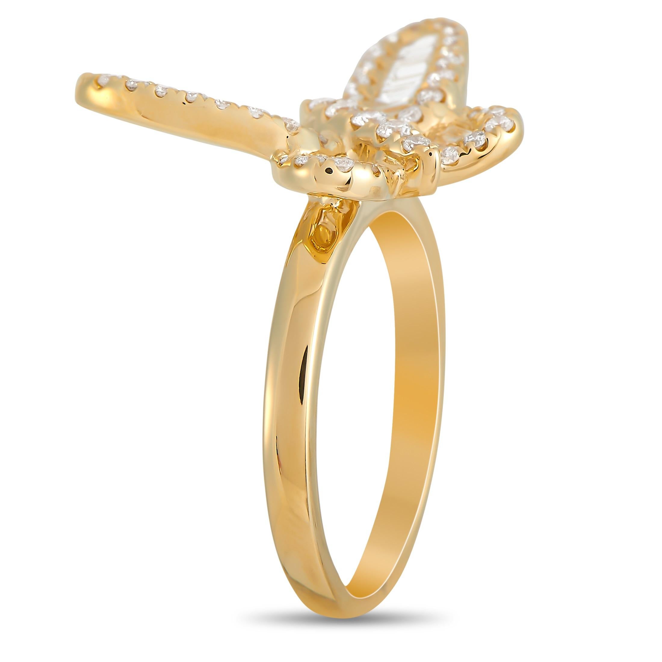 This cute LB Exclusive butterfly ring is made with 18K yellow gold in a butterfly shape and set with 0.42 carats of round diamonds forming the butterflies body and outlining the wings, with 0.58 carats of baguette-cut diamonds filling in the wings,
