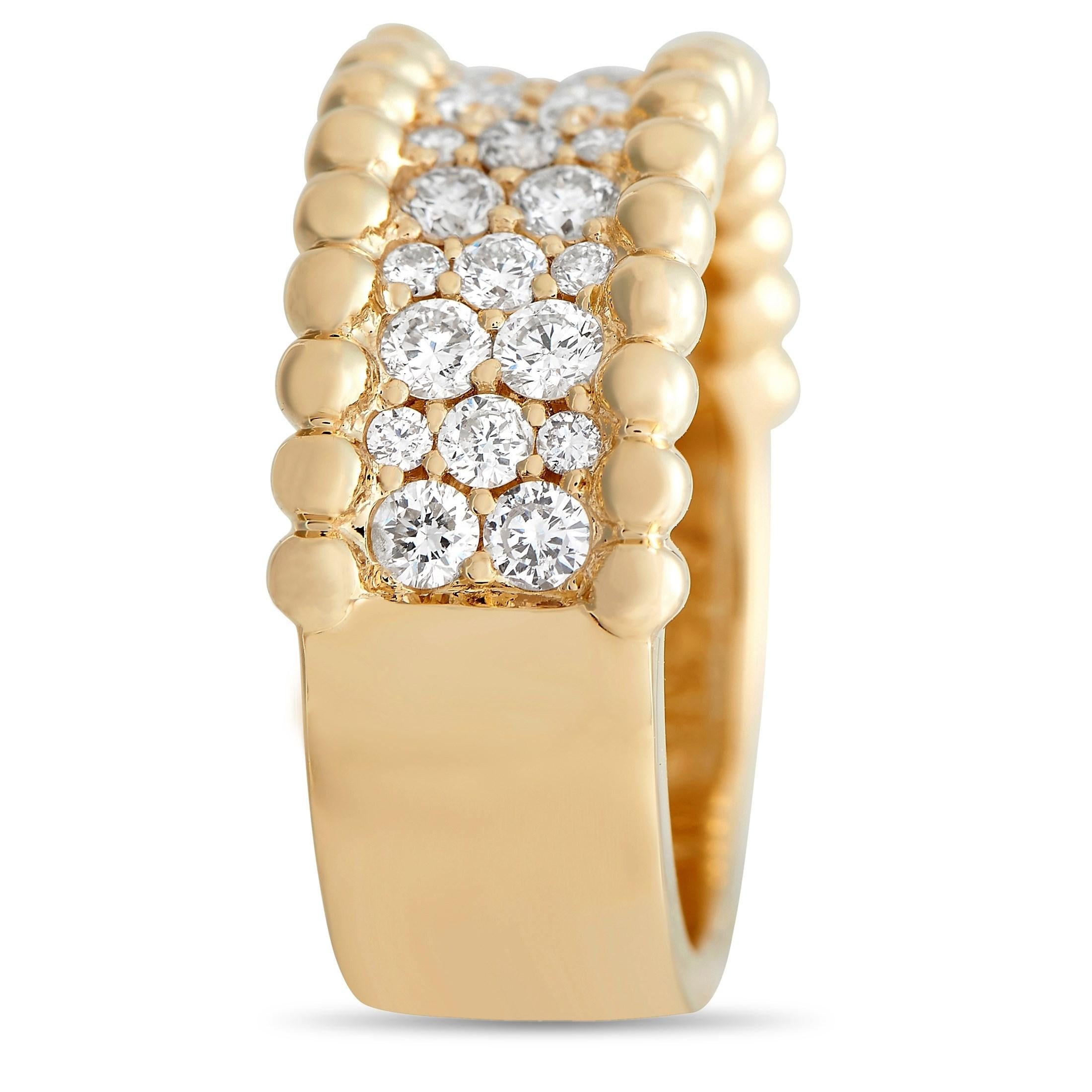 This luxurious ring will never go out of style. A textured setting made from 18K Yellow Gold provides the perfect backdrop for this piece’s stunning arrangement of diamonds, which together possess a total weight of 1.03 carats. Incredibly elegant,