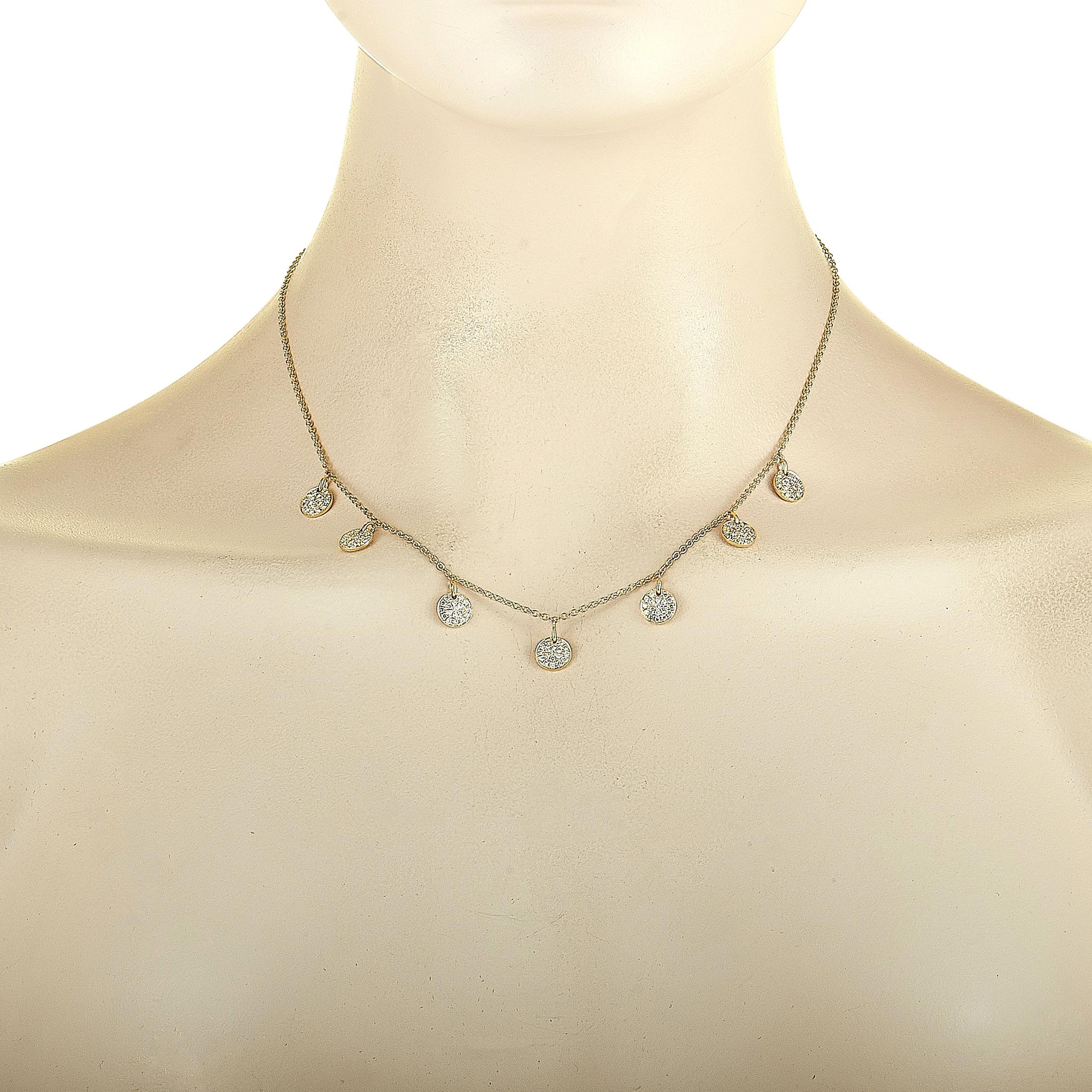 This LB Exclusive necklace is made out of 18K yellow gold and diamonds that total 1.08 carats. The necklace weighs 8.3 grams and measures 17” in length.

Offered in brand new condition, this jewelry piece includes a gift box.