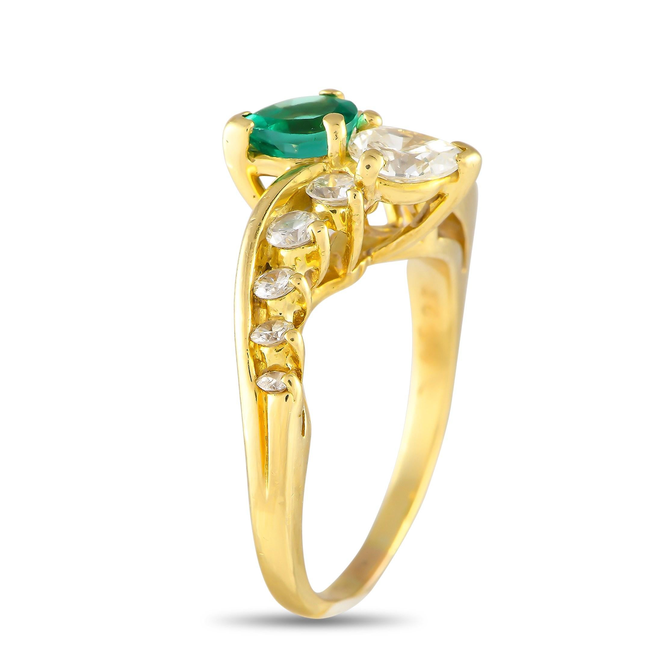 A unique arrangement of glittering gemstones makes this luxury ring instantly captivating. Round-cut Diamonds and a pear-shaped Diamond center stone possess a total weight of 1.0 carats, while a 0.65 carat pear-shaped Emerald accent provides the