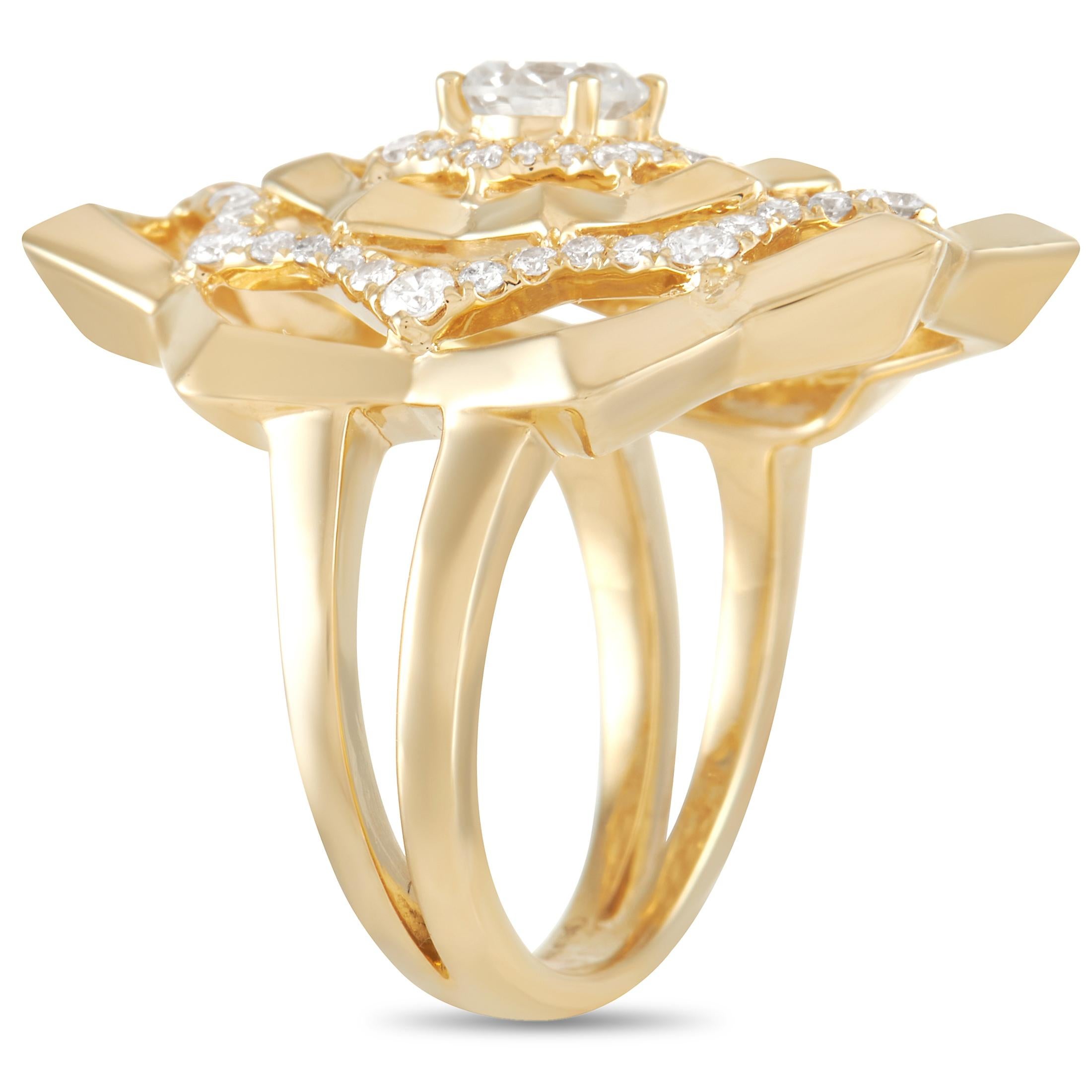 A unique design makes this piece an essential addition to any contemporary jewelry collection. Crafted from glistening 18K Yellow Gold, this ring’s web-like shape plays with negative space in an artistic and exceptional way. For added elegance,