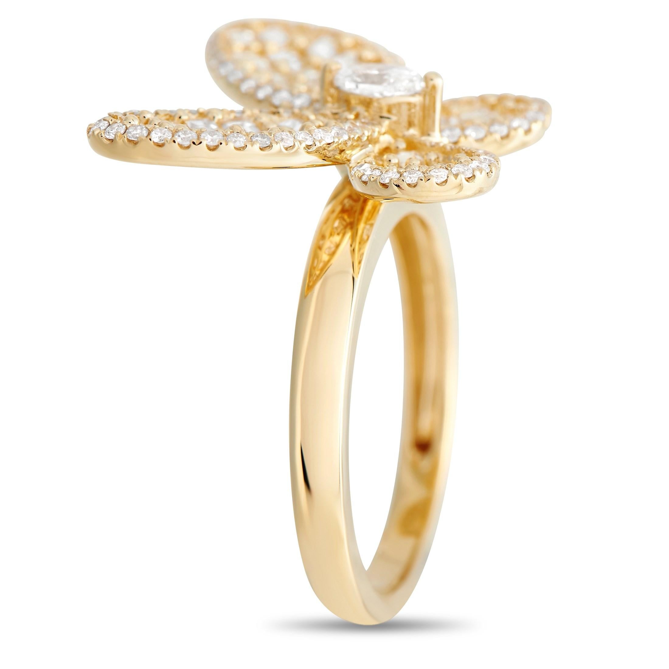 Luxurious and charming at the exact same time, this radiant ring will forever capture your imagination. On the top of this piece’s 2mm wide band, an elegant butterfly motif shines to life thanks to 0.91 carats of fancy cut diamonds and additional