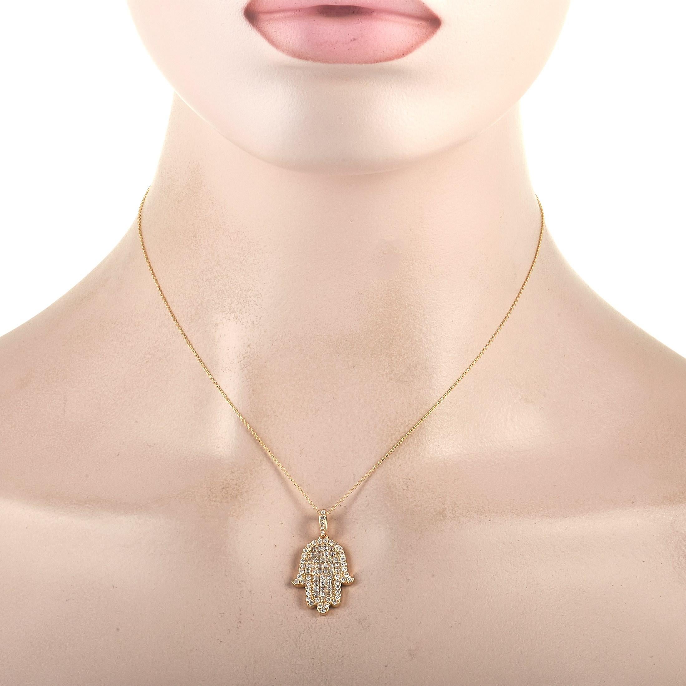 Wear this LB Exclusive 18K Yellow Gold Diamond Hamsa Necklace and make any outfit sparkle while attracting positive energy and good vibes. On a 16-inch long yellow gold chain is a sculpted Hamsa hand pendant completely covered in a combination of