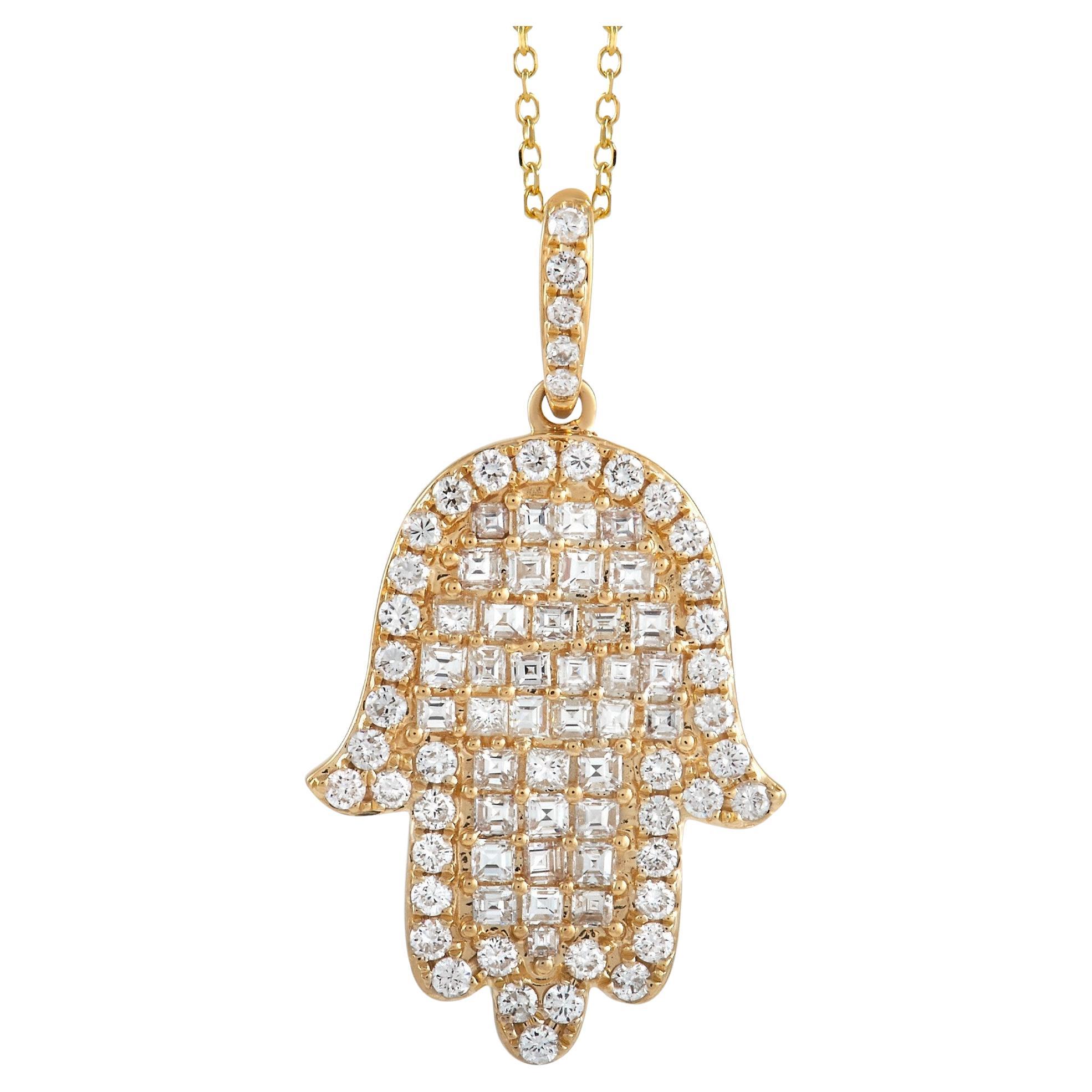 LB Exclusive 18K Yellow Gold 1.23 Ct Diamond Hamsa Necklace For Sale