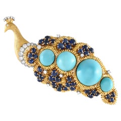 LB Exclusive 18K Yellow Gold 1.25ct Diamond, Sapphire & Turquoise Peacock Brooch