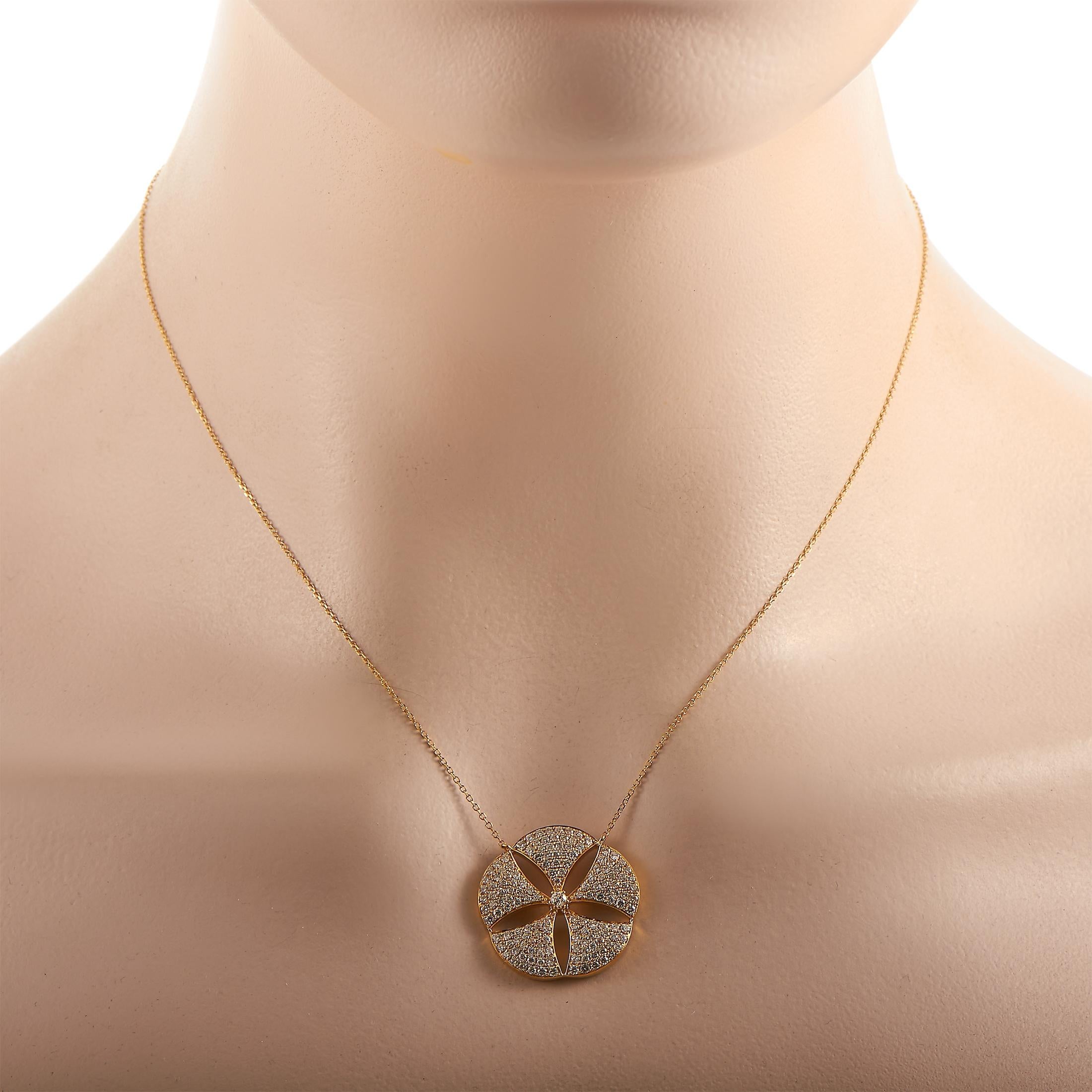 This LB Exclusive necklace is crafted from 18K yellow gold and weighs 8.2 grams. It is presented with a 16” chain and a pendant that measures 1” in length and 1” in width. The necklace is embellished with diamonds that total 1.30 carats.
 
