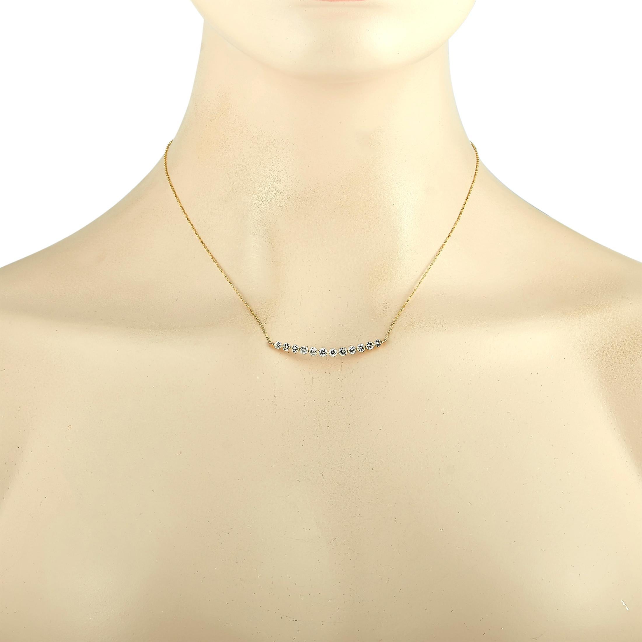 This LB Exclusive necklace is made of 18K yellow gold and embellished with diamonds that amount to 1.30 carats. The necklace weighs 2.9 grams and boasts a 15” chain and a pendant that measures 0.12” in length and 0.62” in width.
 
 Offered in