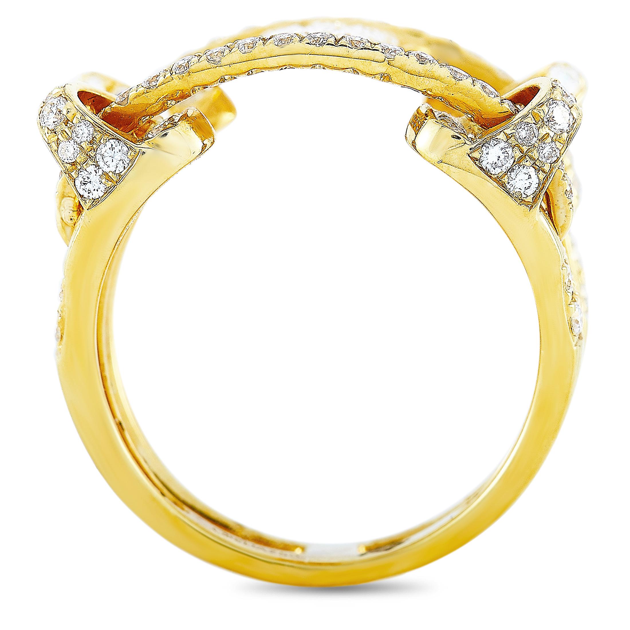 This LB Exclusive ring is made out of 18K yellow gold and diamonds that total 1.33 carats. The ring weighs 7.2 grams and boasts band thickness of 7 mm and top height of 1 mm, while top dimensions measure 21 by 16 mm.

Offered in brand new condition,