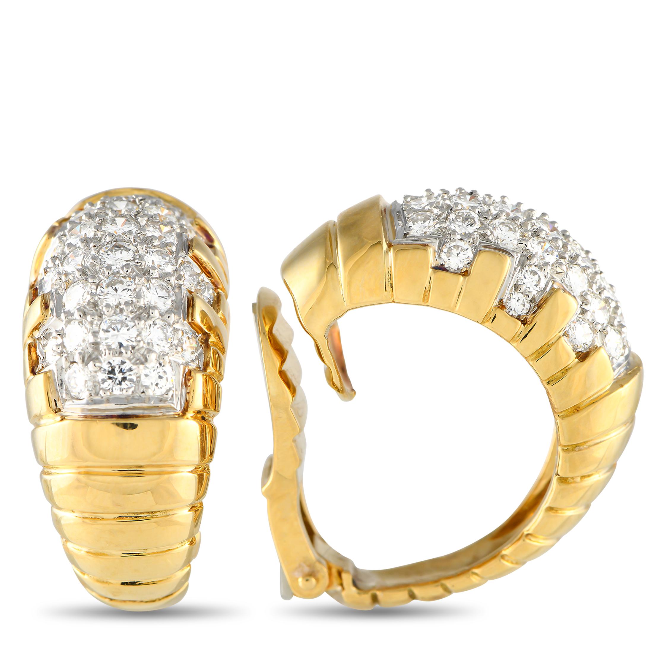 Add some vintage glam to your dressy outfits with these chunky clip-on earrings. Clad in 18K yellow gold are domed C-shaped hoops with ridged finish and pave diamonds. Each earring measures 1