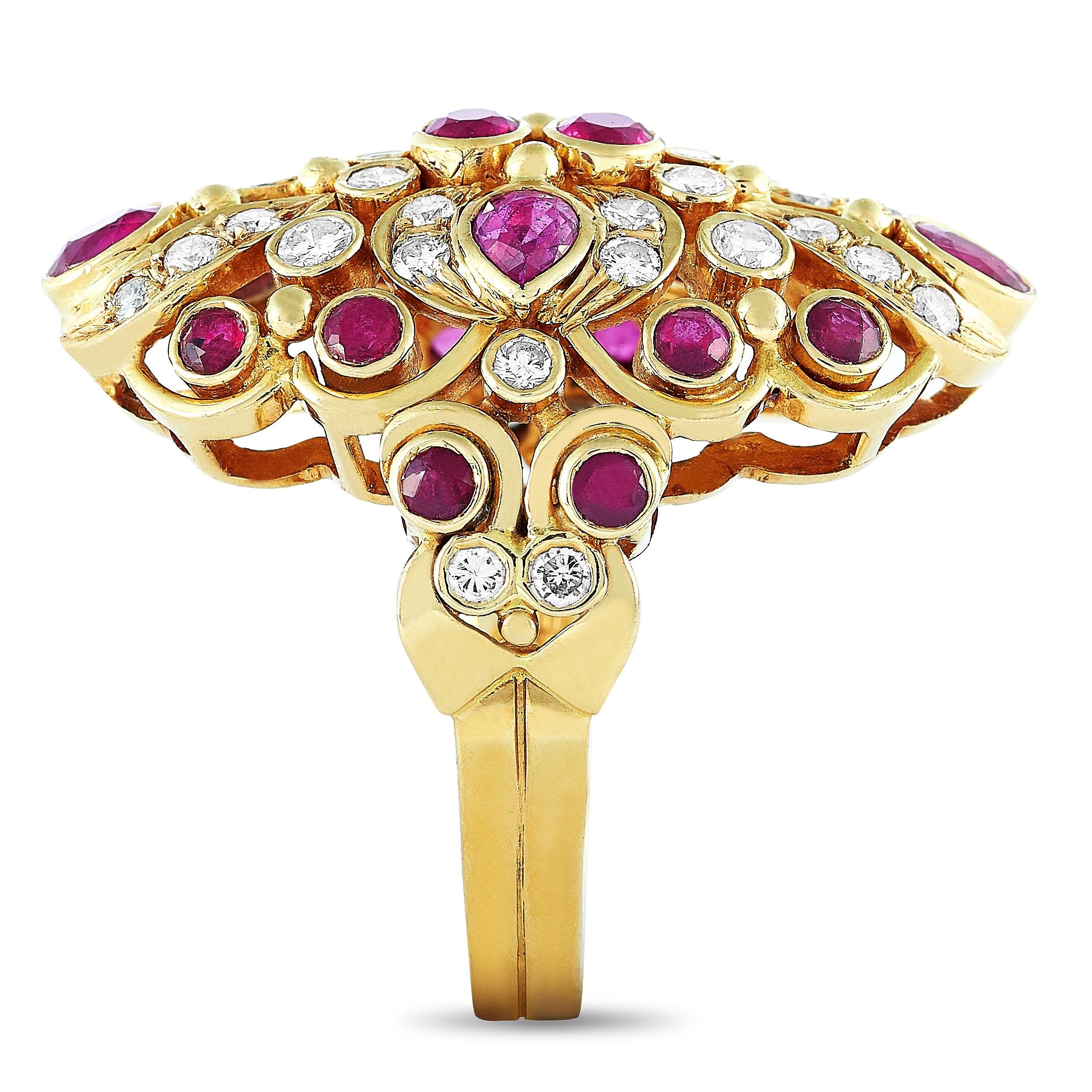 Round Cut LB Exclusive 18 Karat Yellow Gold 1.45 Carat Diamond and Ruby Ring