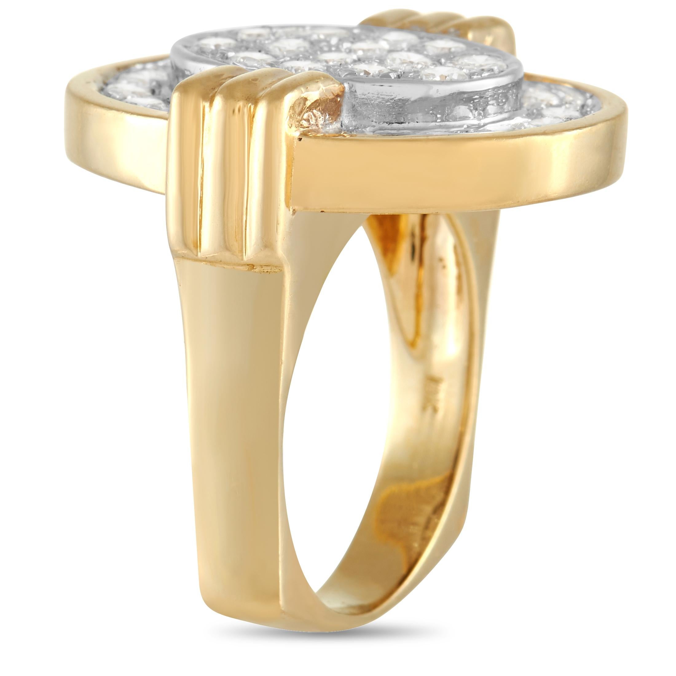 This unique LB Exclusive 18K Yellow Gold 1.50 ct Diamond Ring is a pretty alternative to the classic diamond halo ring. The ring is made with 18K yellow gold and set with 1.50 carats of G color and VS clarity, round diamonds surrounded set in a