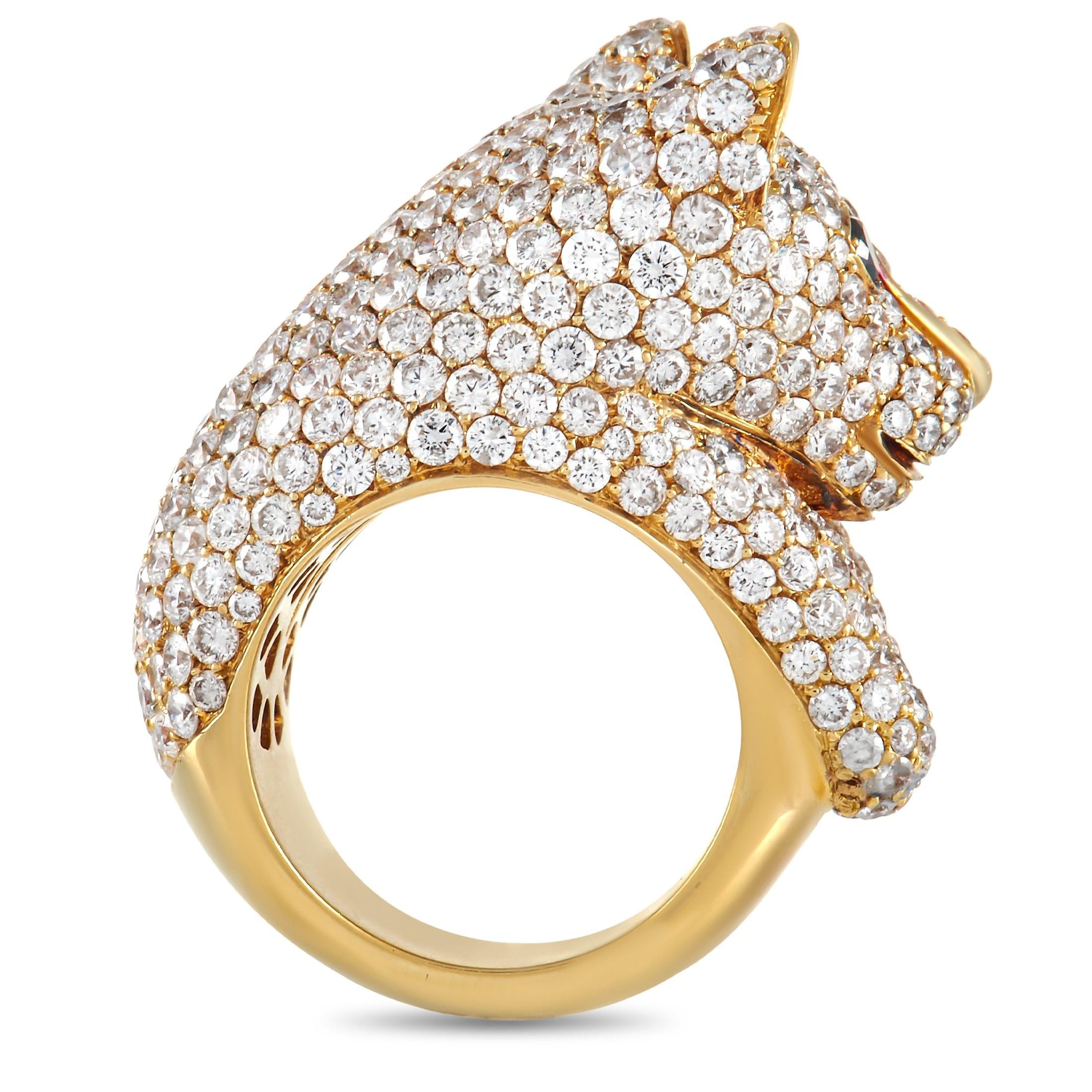 Take a walk on the wild side with this bold LB Exclusive 18K Yellow Gold 15.00 ct Diamond Panther Ring! The ring is made with 18K, forming a thick band with a matching 18K yellow gold Panther on the front of the ring. The panther is set with rows of