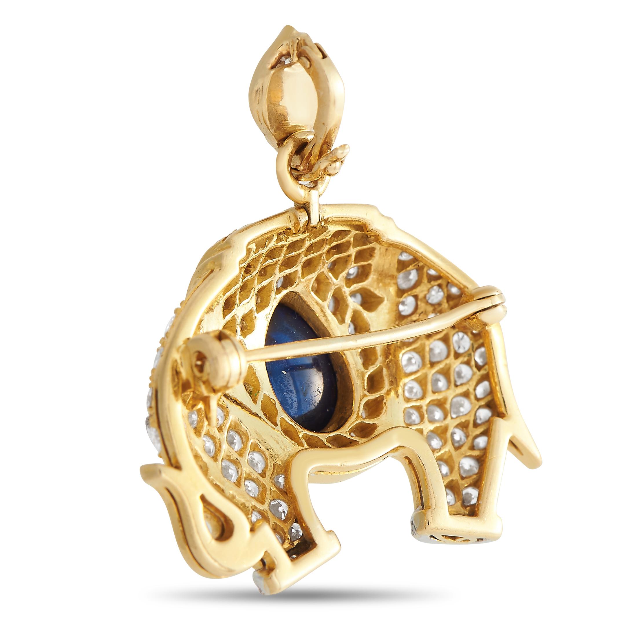 Bring a hint of whimsical elegance to your looks with this elephant brooch in 18K yellow gold. The sculpted elephant brooch is dressed in diamonds, with a pink sapphire for its eye and a blue pear-shaped sapphire cabochon as an accent. A hinged