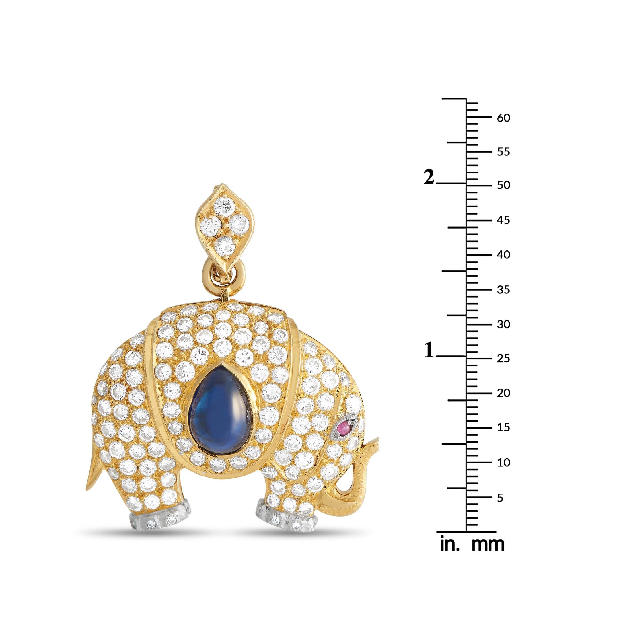 Mixed Cut LB Exclusive 18k Yellow Gold 1.50ct Diamond and Sapphire Elephant Pendant Brooch