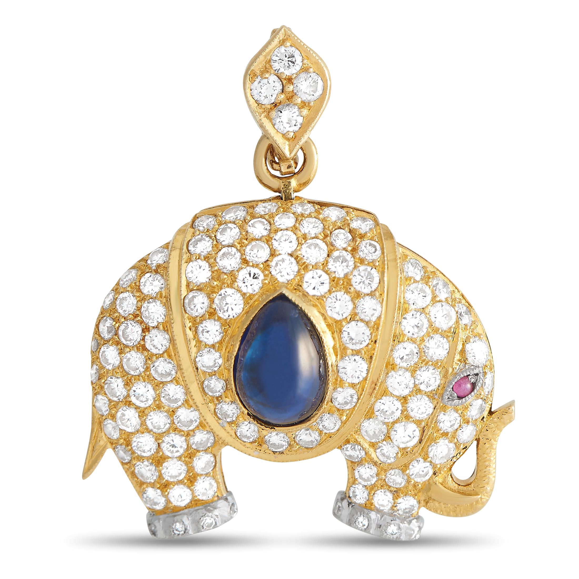 LB Exclusive 18k Yellow Gold 1.50ct Diamond and Sapphire Elephant Pendant Brooch In Excellent Condition In Southampton, PA