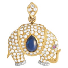 LB Exclusive 18k Yellow Gold 1.50ct Diamond and Sapphire Elephant Pendant Brooch