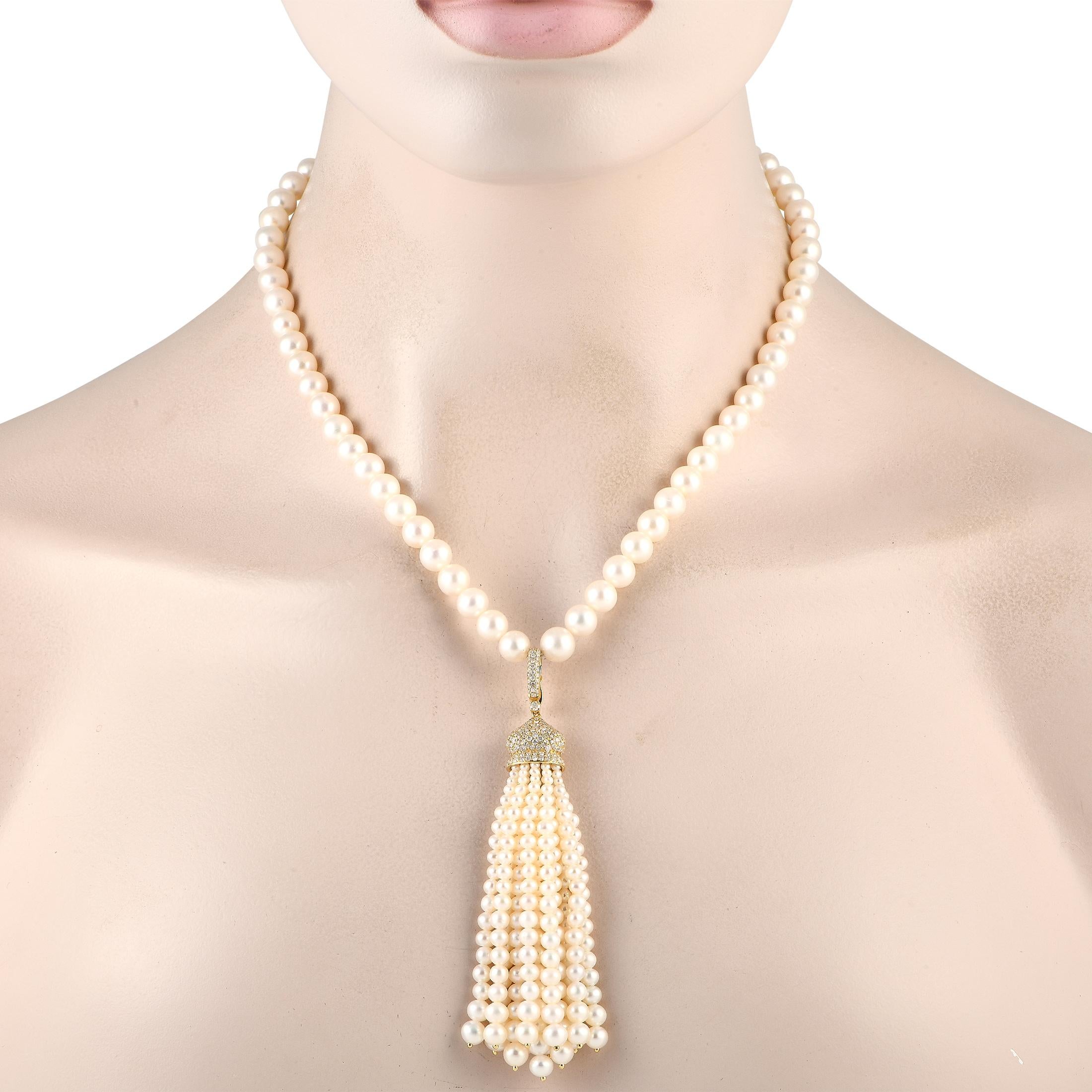 Wearing this LB Exclusive piece is an effortless way of taking your formal look to the next level. It features a strand of creamy white pearls on a necklace secured by a lobster clasp. It has a unique tassel pendant with a diamond-encrusted bail and