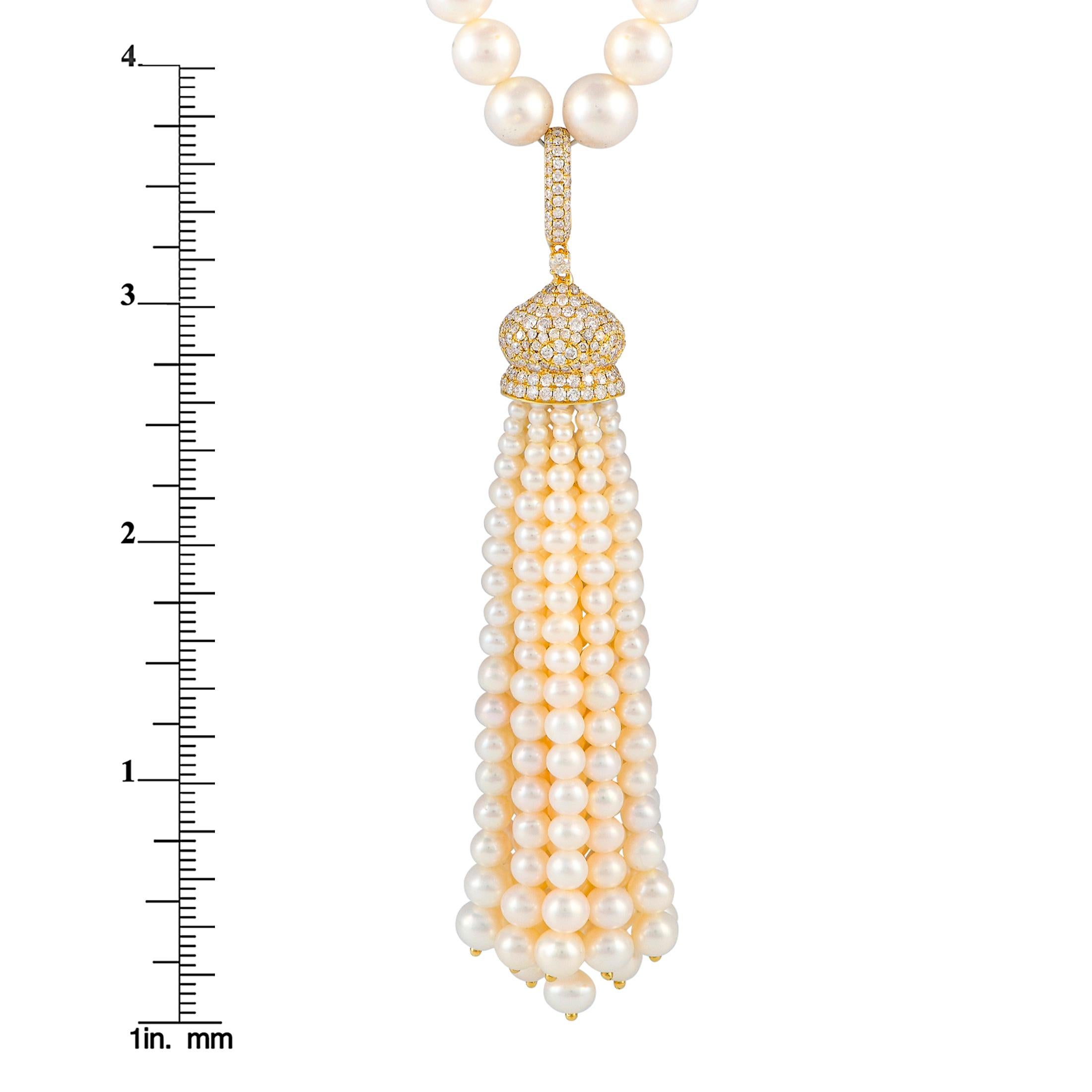 LB Exclusive 18K Yellow Gold 1.55ct Diamond and Pearl Tassel Necklace In Excellent Condition In Southampton, PA