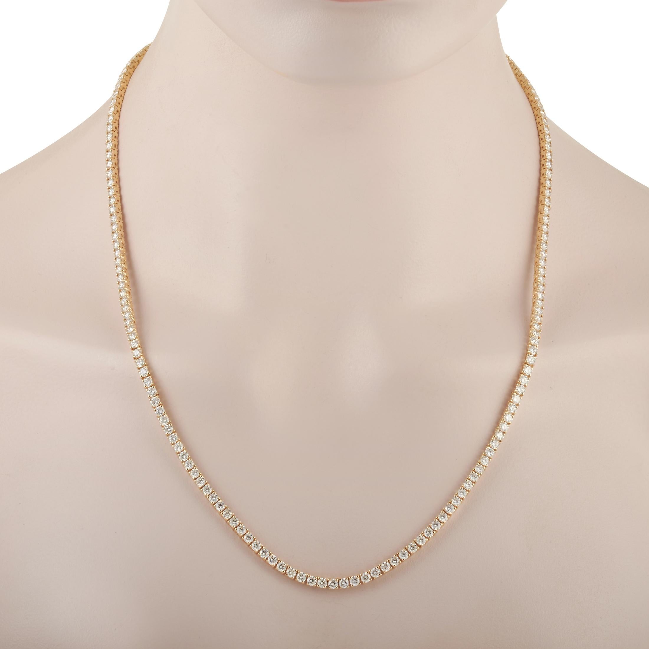 This alluring 18K yellow gold necklace is set with multiple diamond stones of 15.69 carats. The stunning necklace weighs 35.3 grams and boasts a length of 22 inches.

This jewelry piece is offered in new condition and includes a gift box.