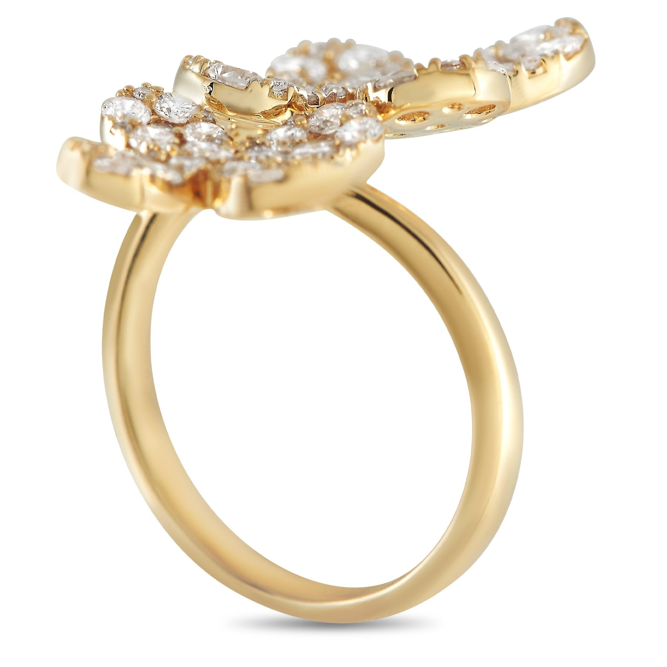 This unique LB Exclusive 18K Yellow Gold 1.65 ct Diamond Open Wrap Ring is made with 18K yellow gold that wraps around the winger and meets in the front with two unique shapes, each set with round diamonds totaling 1.65 carats of diamonds. The ring