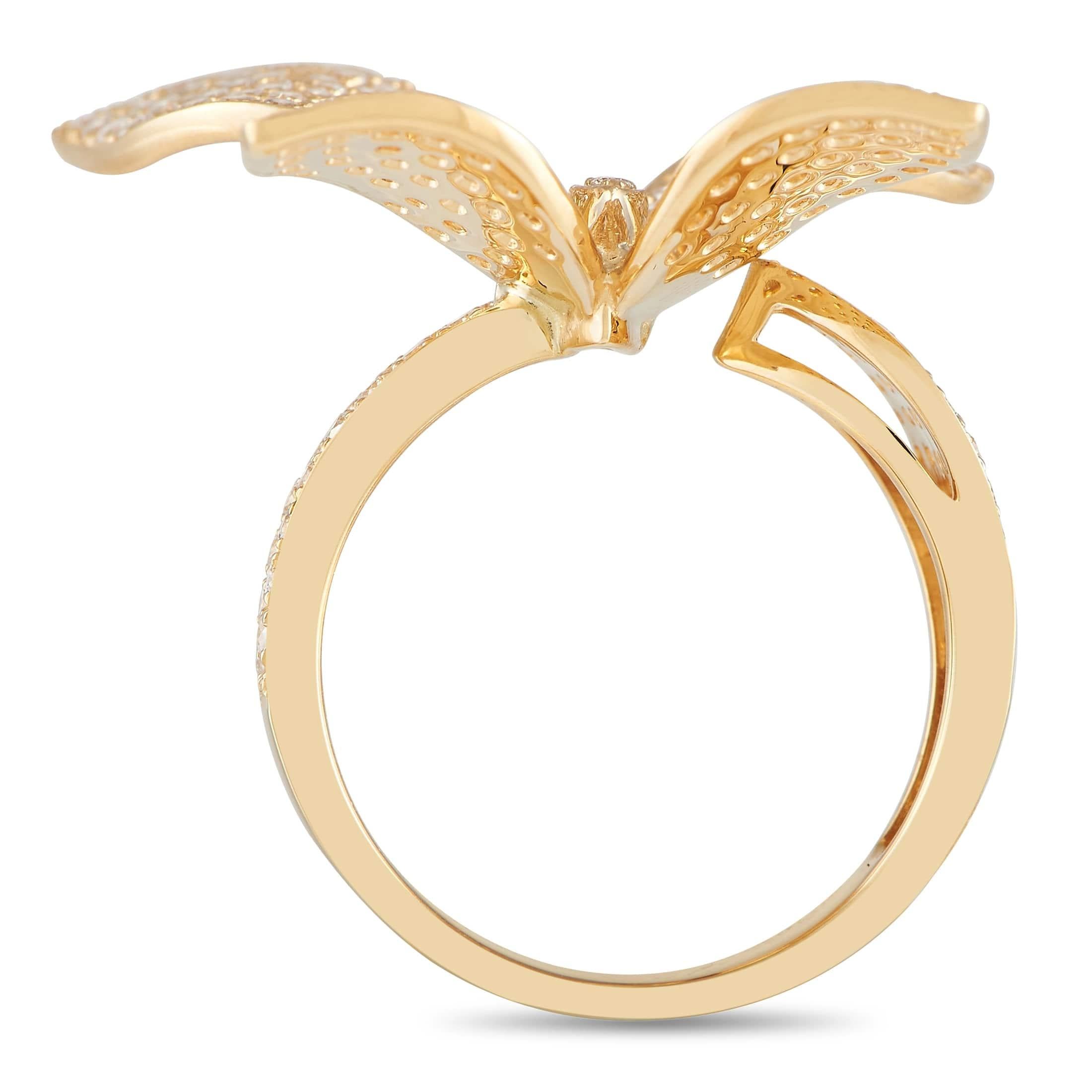 A ring of regal beauty. This 18-karat yellow gold band measures 3mm thick and features an almost open-shank profile. One end of the ring bears an attractive flower-like centerpiece while the other end holds a separate petal. The floral motif is