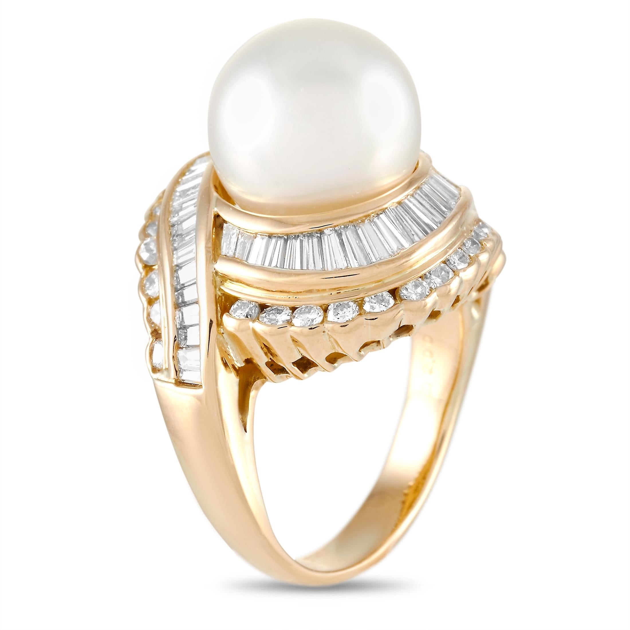 This LB Exclusive ring is made of 18K yellow gold and embellished with an 11.7 mm pearl and a total of 2.00 carats of diamonds. The ring weighs 15.4 grams and boasts band thickness of 3 mm and top height of 17 mm, while top dimensions measure 20 by