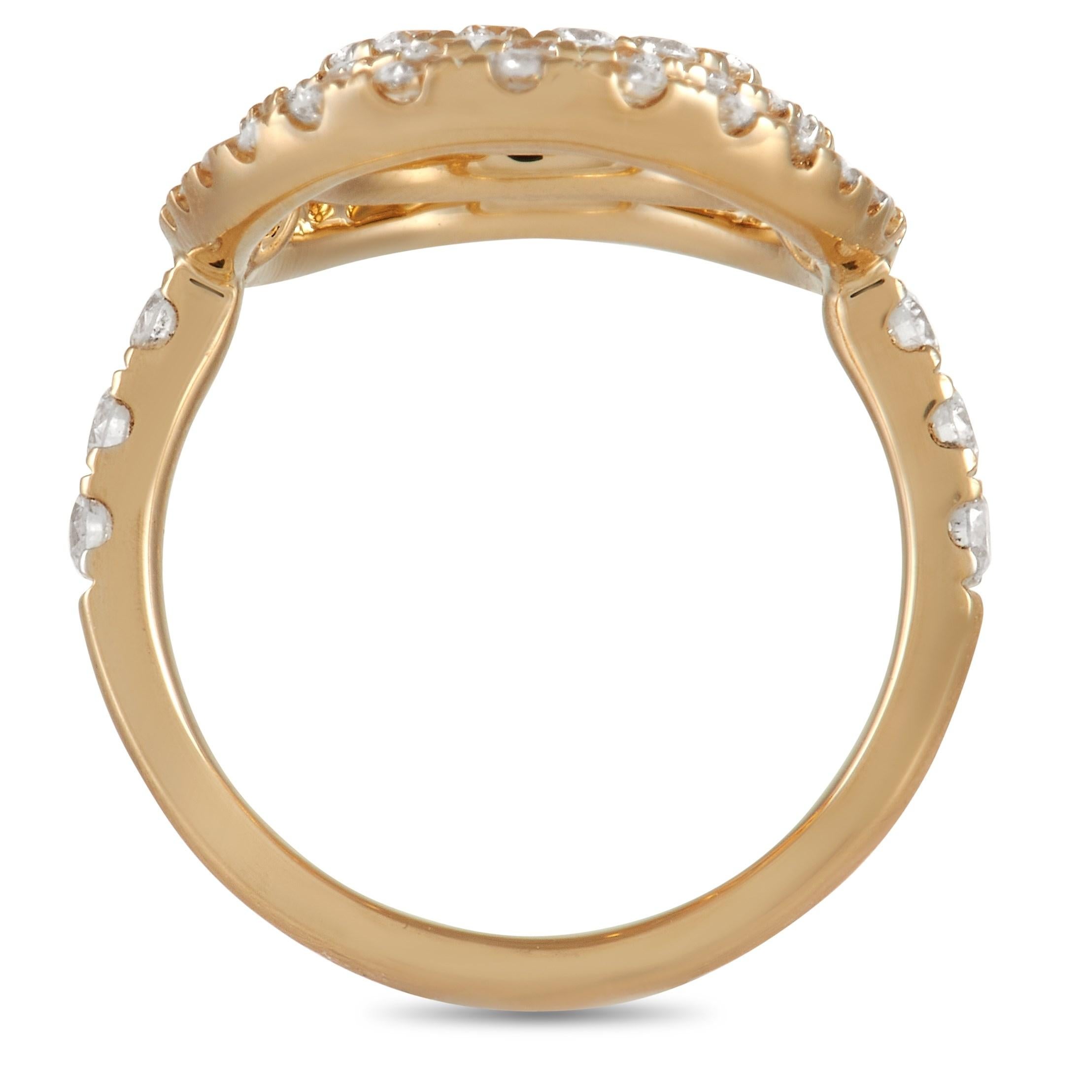 Ready to elegantly wrap your finger with glitter is this LB Exclusive 18K Yellow Gold 2 ct Diamond Swirl Ring. This piece of fine jewelry features a slender 2mm yellow gold band adorned with a trio of defined rings lined by diamonds. The concentric