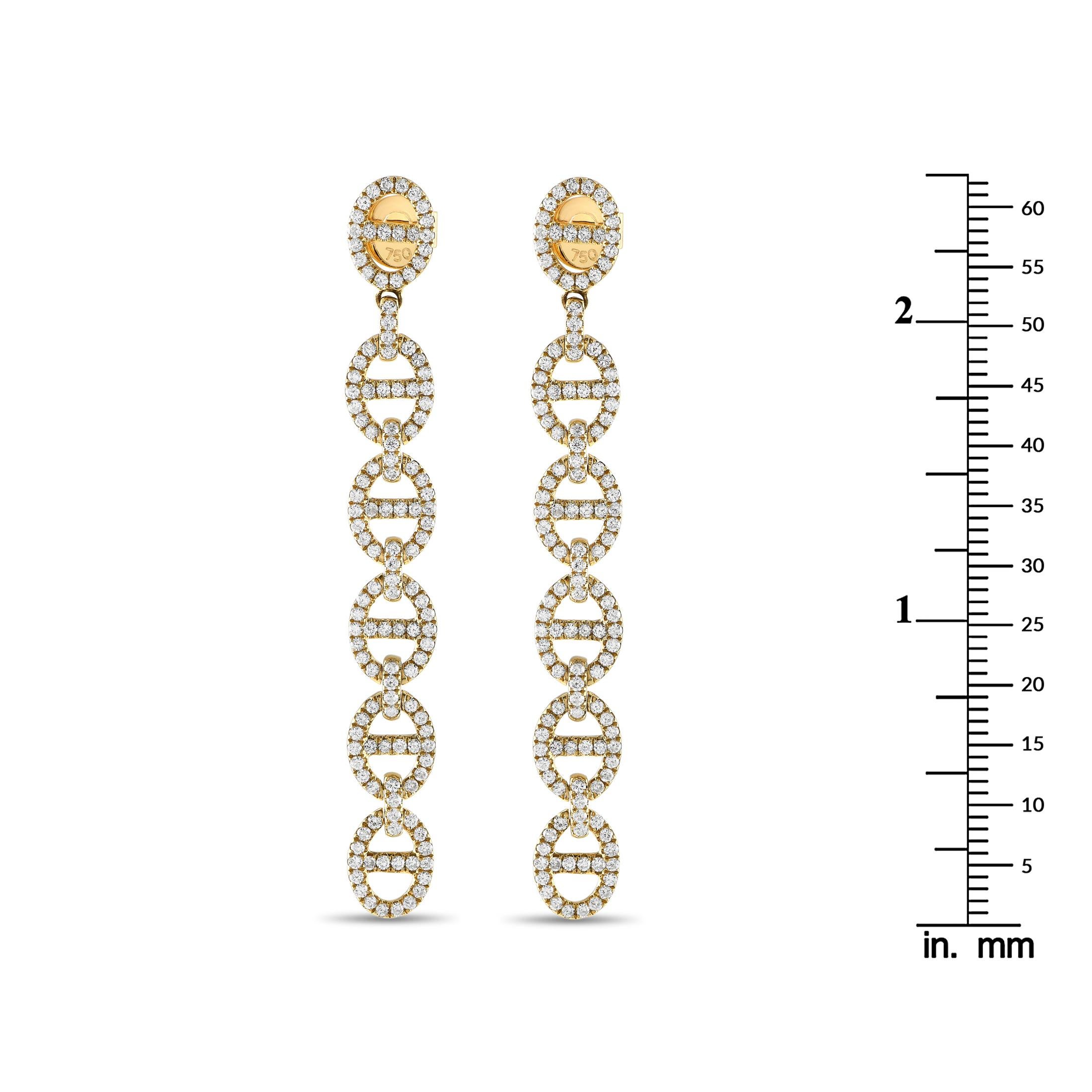 Round Cut 18K Yellow Gold 2.25ct Diamond Link Dangle Earrings For Sale