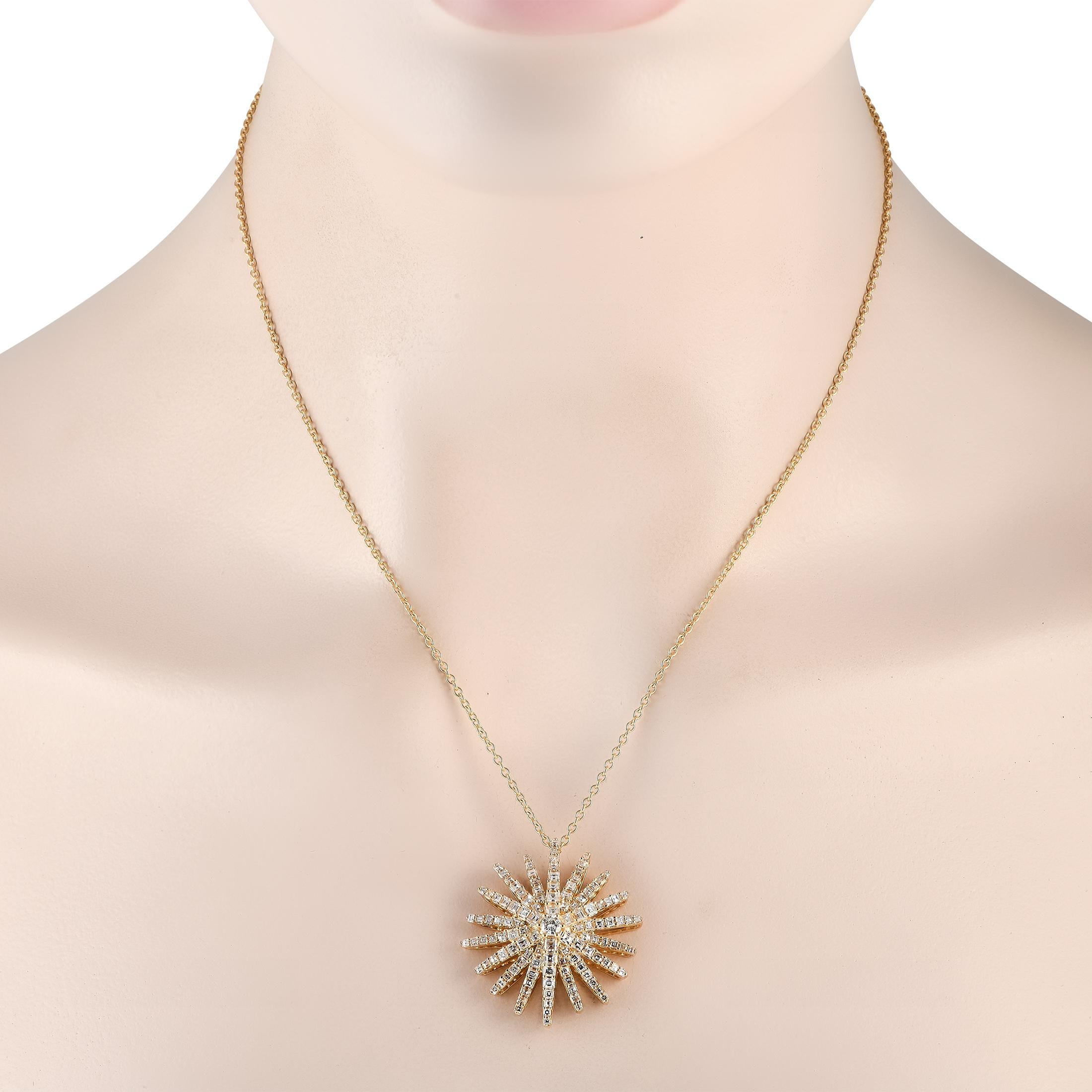 Shine brilliantly in style with this yellow gold diamond necklace. Its pendant measures 1.25 in diameter and has a shimmering sunburst design. Right in its center is a lone 0.14ct round diamond. Radiating outwards are rays lined with tapering