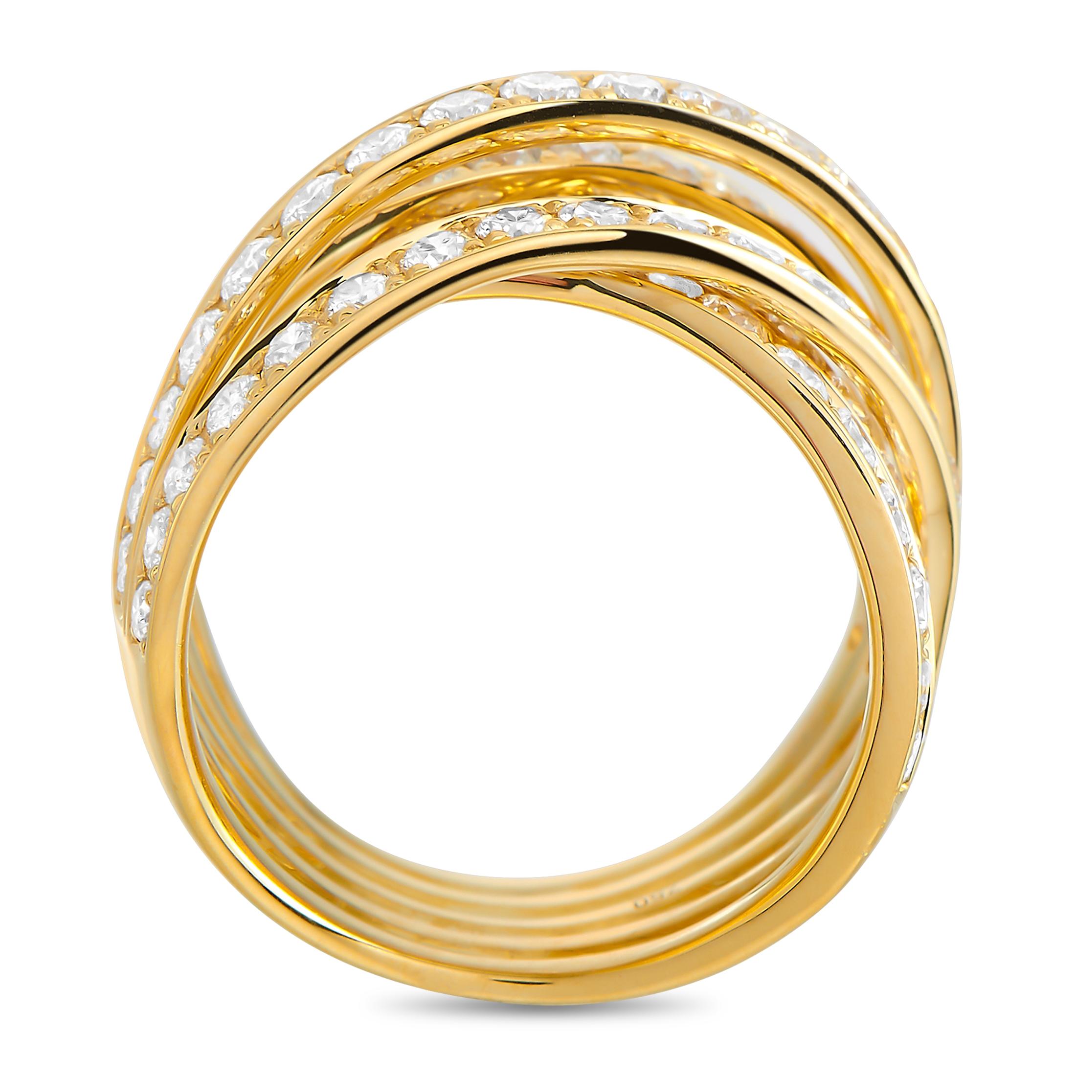 This LB Exclusive 18K Yellow Gold 2.75 ct Diamond Crossover Ring displays a fancy twist to the stylish ring stack. Crafted in 18K yellow gold is this single wide-band ring measuring 11mm thick. The ring's top dimensions measure 11mm by 20mm. The