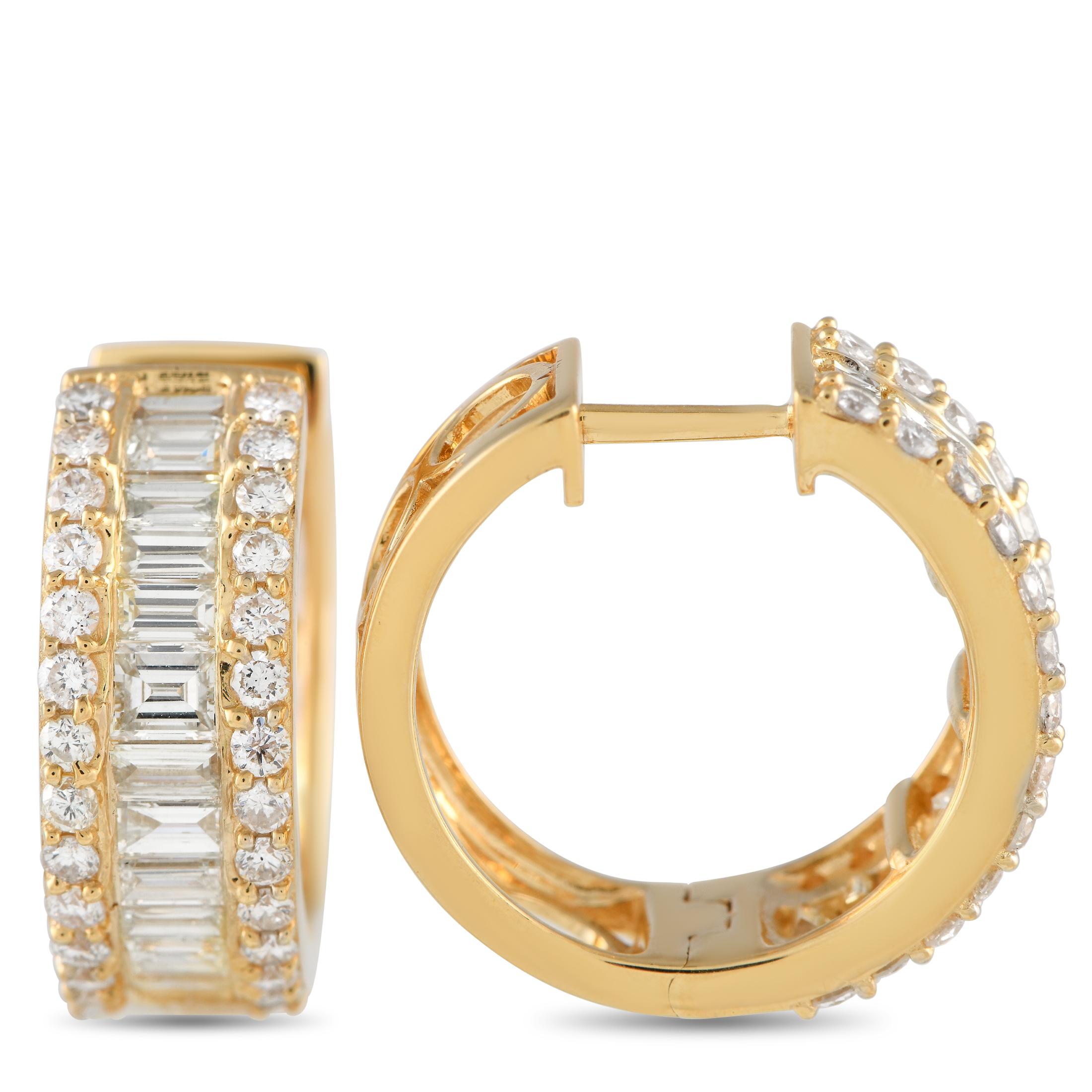 An opulent 18K Yellow Gold setting measuring 0.75” round sets the stage for a series of sparkling diamonds on each one of these exquisite earrings. Bold and incredibly eye-catching, they come to life thanks to 0.77 carats of round-cut diamonds and