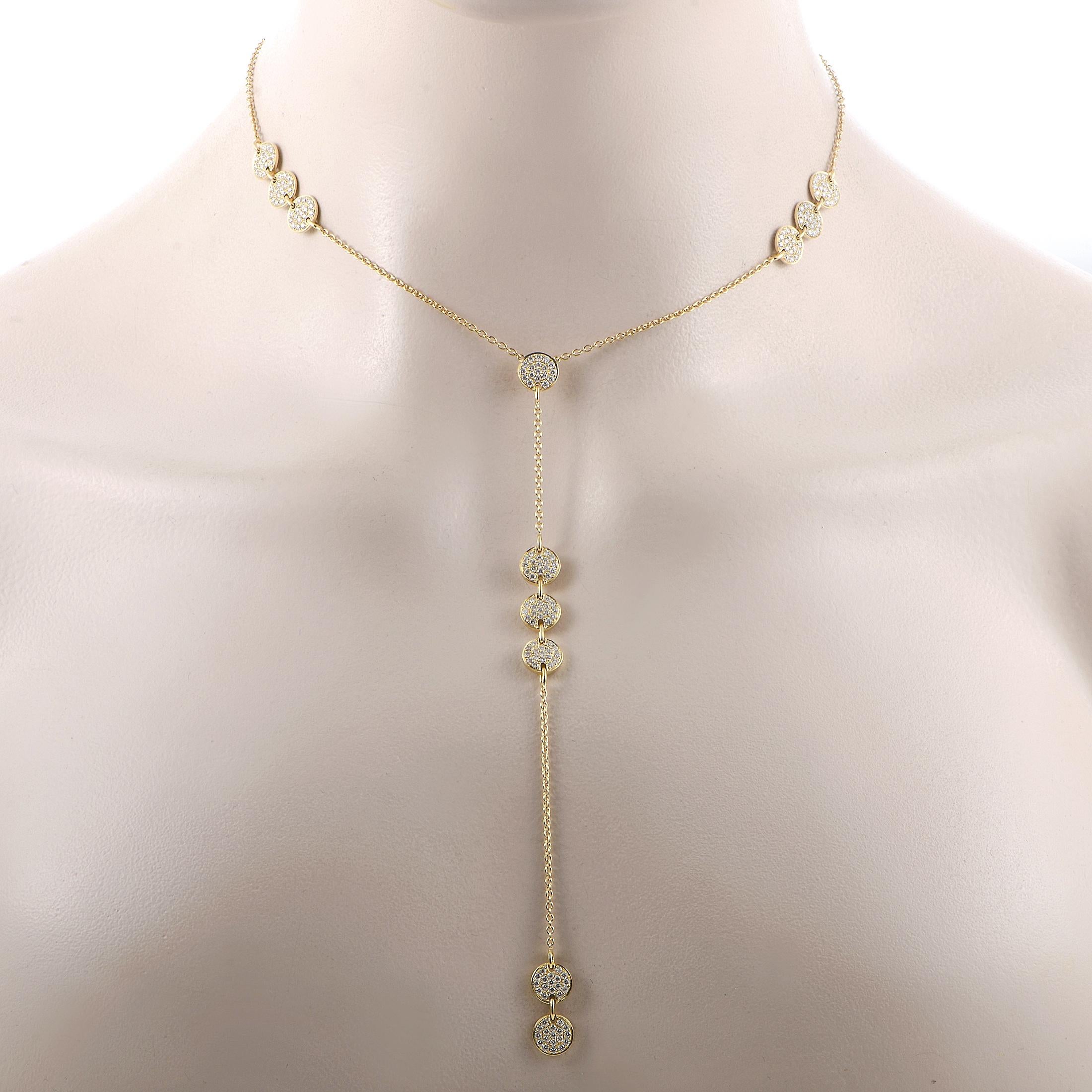 This LB Exclusive necklace is made out of 18K yellow gold and diamonds that total 2.90 carats. The necklace weighs 13.8 grams, measures 18” in length, and boasts a pendant that measures 5.25” in length and 0.25” in width.

Offered in brand new