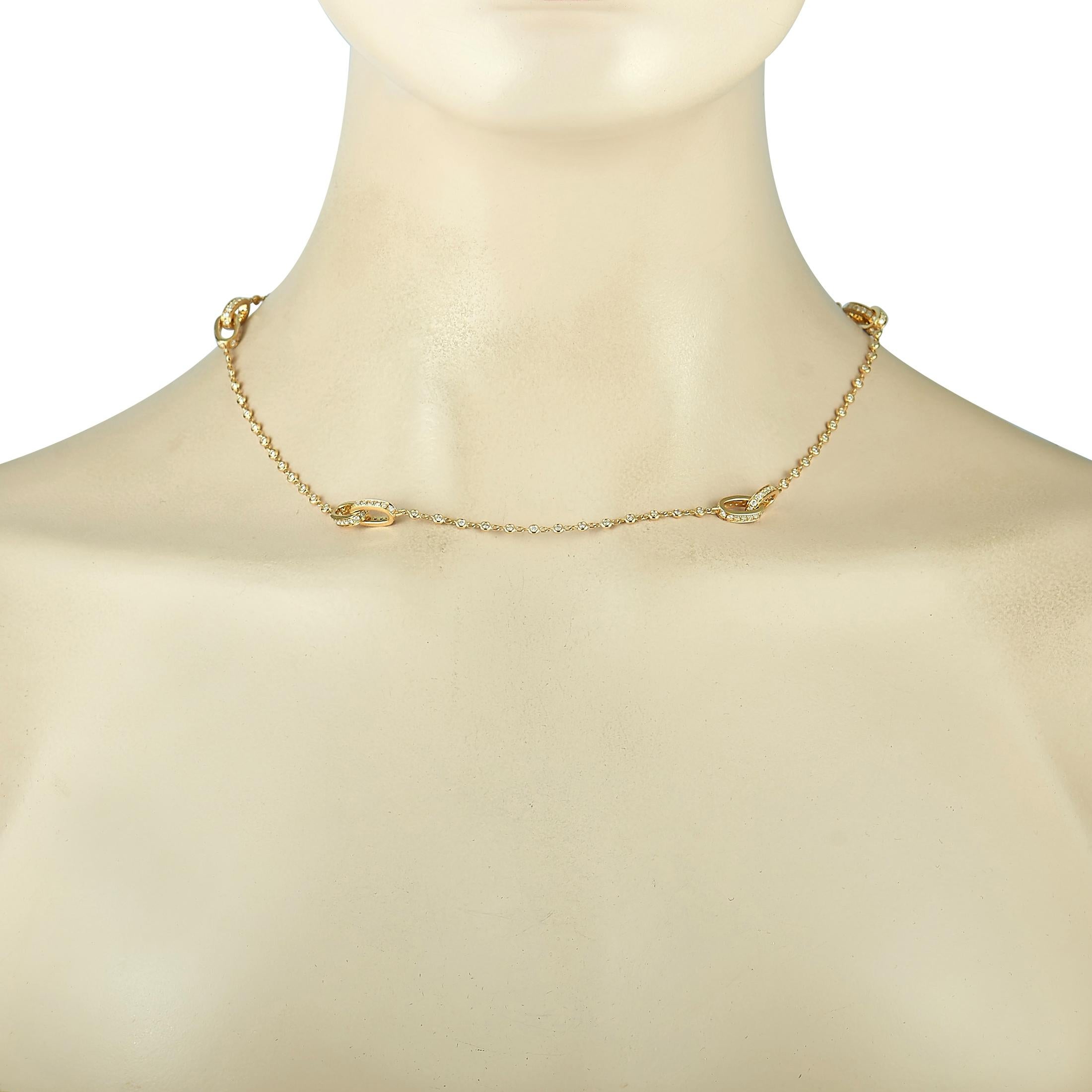 This LB Exclusive necklace is crafted from 18K yellow gold and weighs 13.7 grams, measuring 18” in length. It is set with diamonds that total 3.00 carats.
 
 The necklace is offered in brand new condition and includes a gift box.