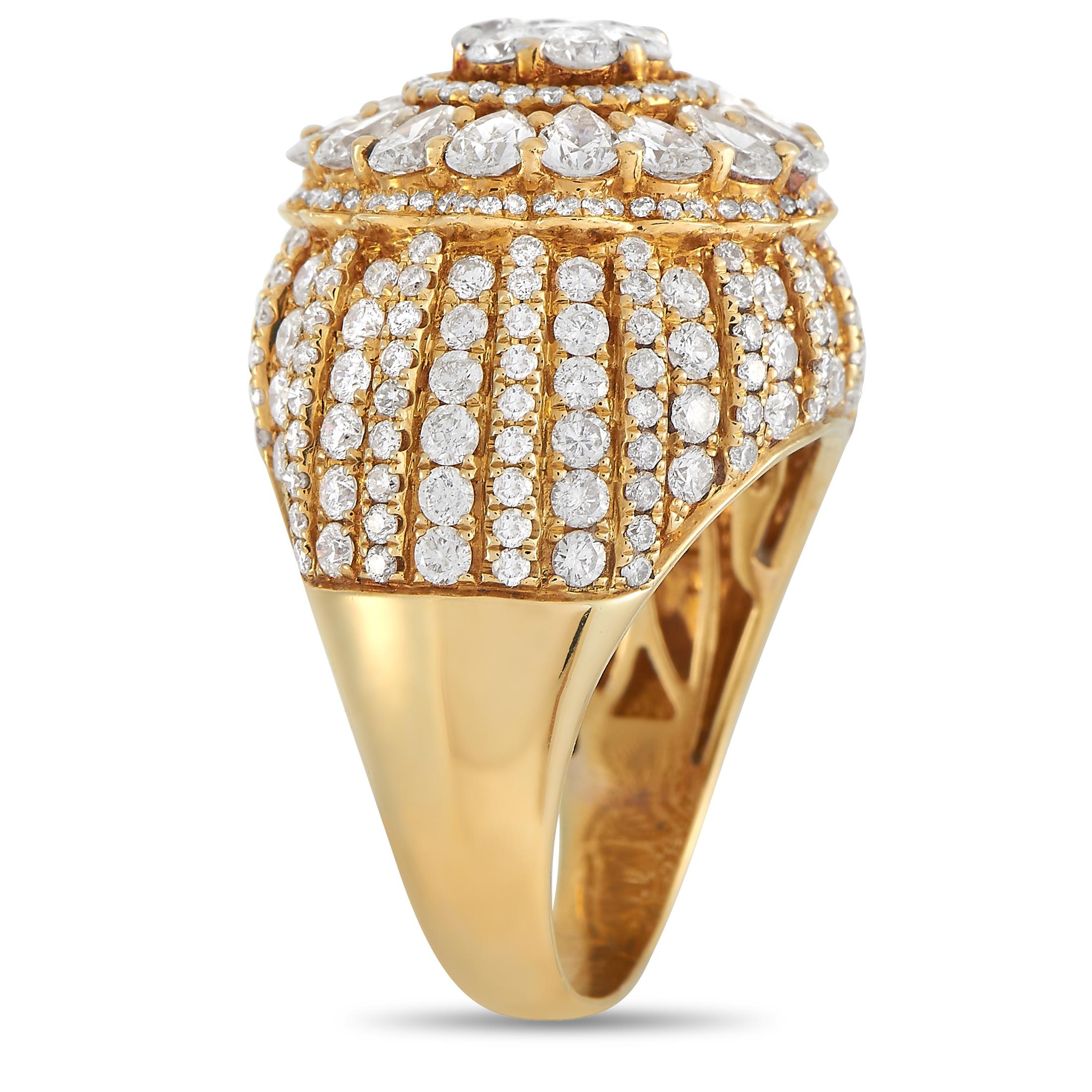 This stunning LB Exclusive 14K Yellow Gold 3.00 ct Diamond Ring is effortlessly elegant. The ring is made with 14K yellow gold and set with rows of small round-cut diamonds over the front of the band. The face of the ring is set with a cluster of