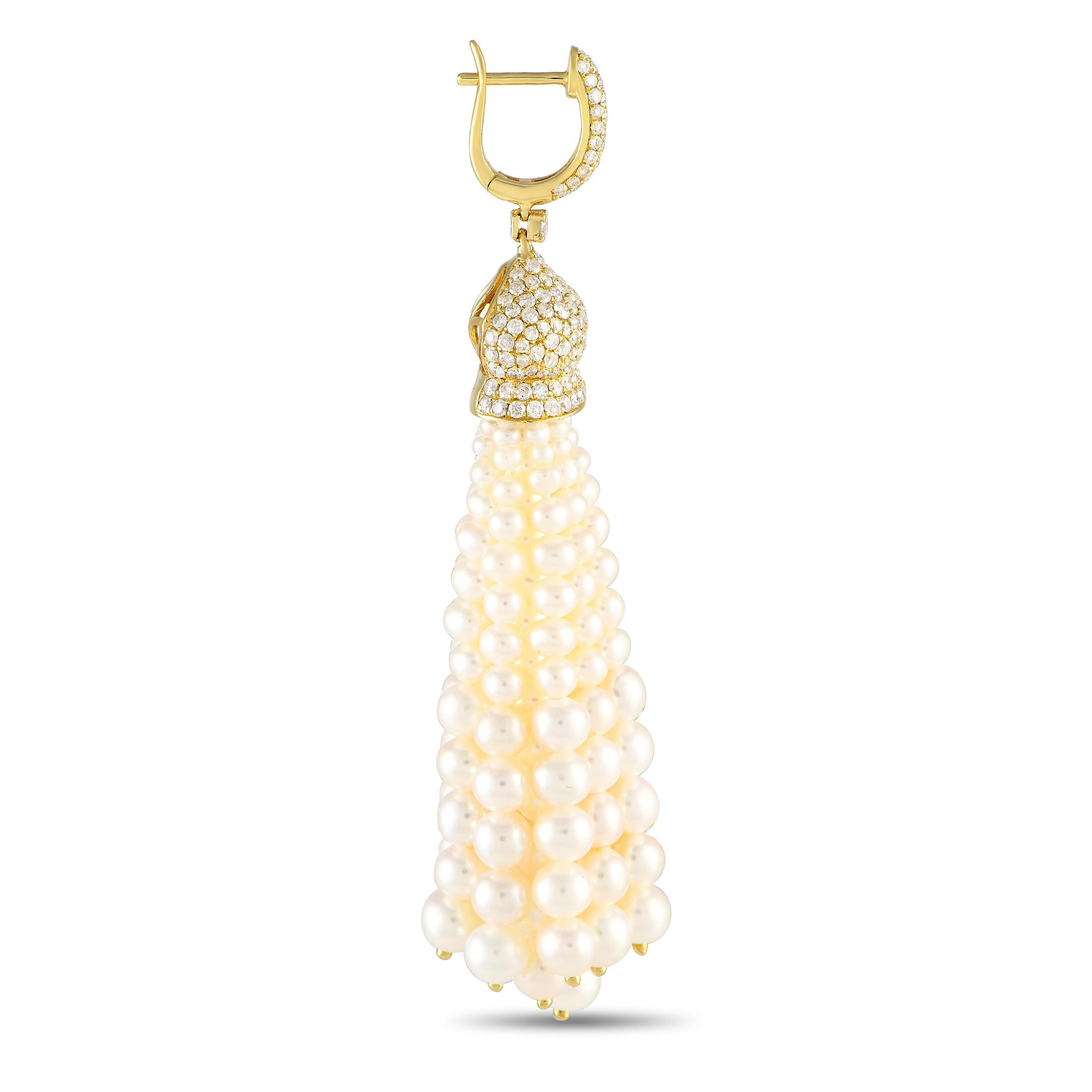 A pair of earrings you'll treasure for always. Beaming with graceful elegance and timeless sophistication, this pair from LB Exclusive has the perfect combination of pearls and diamonds. Each earring features a hinged C-hoop embellished with