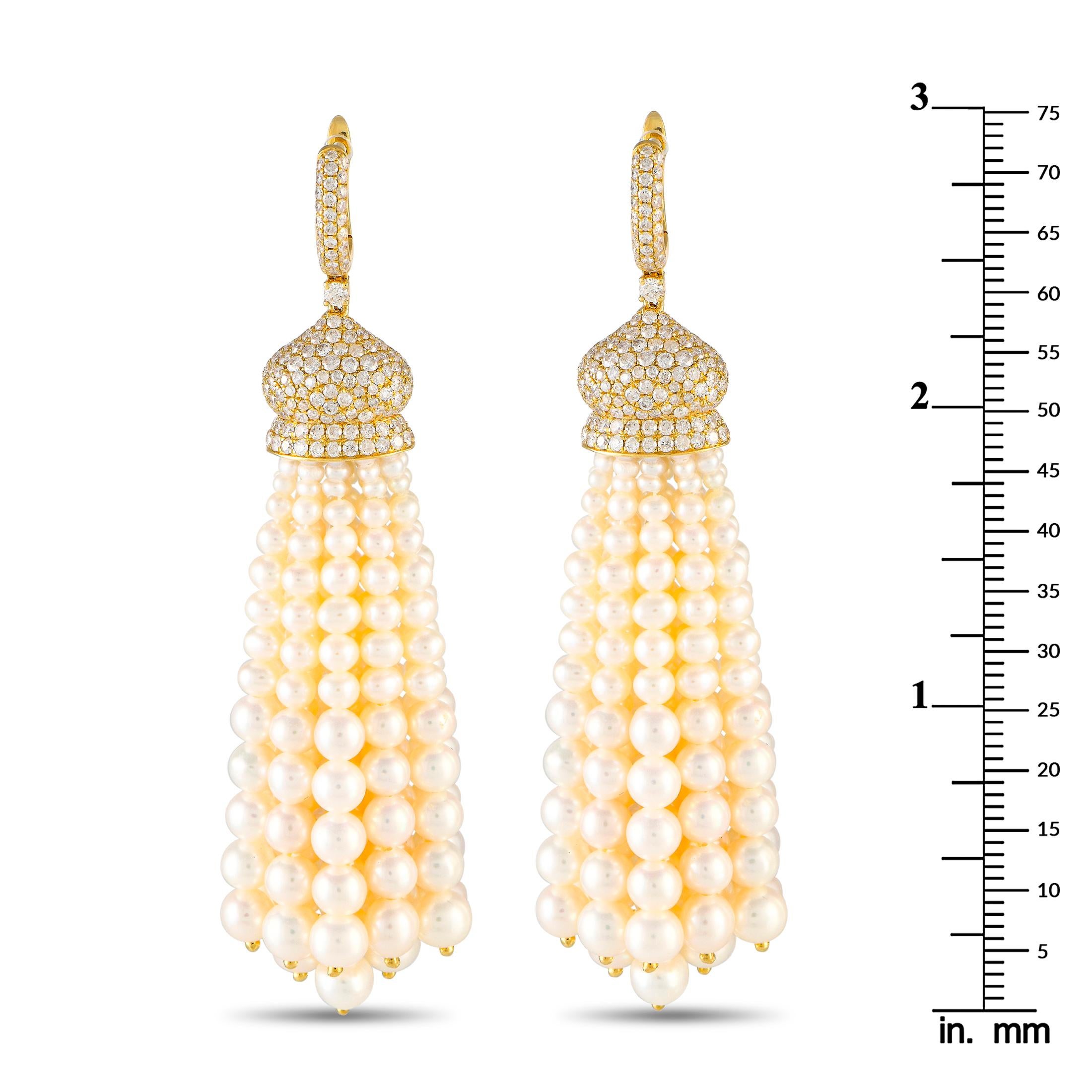 Round Cut LB Exclusive 18K Yellow Gold 3.06ct Diamond Pearl Tassel Earrings MF25-100423