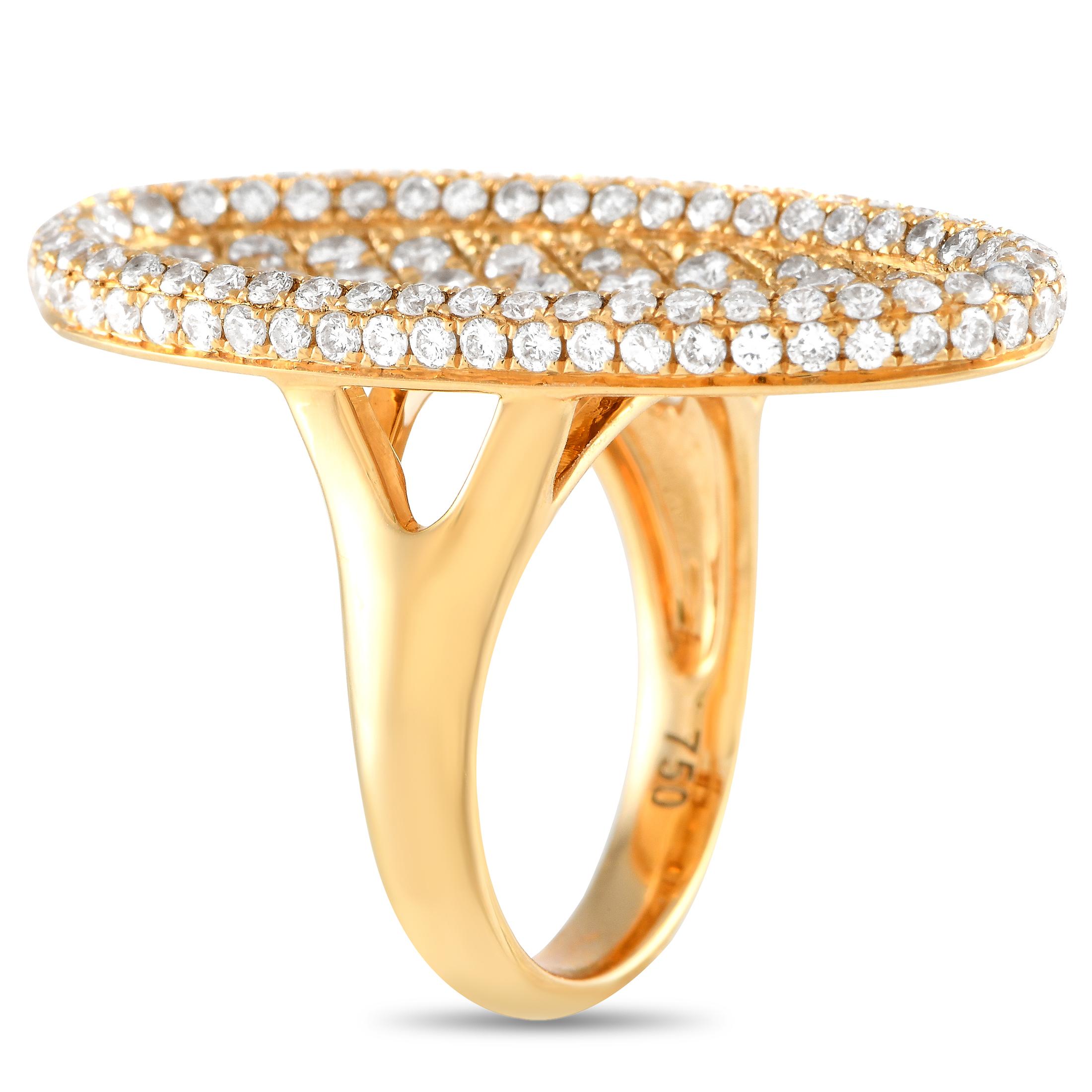 An LB Exclusive, this 18K yellow gold ring embraces the art of simplicity while assuring a maximal style impact. It features a split shank that securely holds an oversized oval plate in solid 18K yellow gold. The attention-grabbing centerpiece is