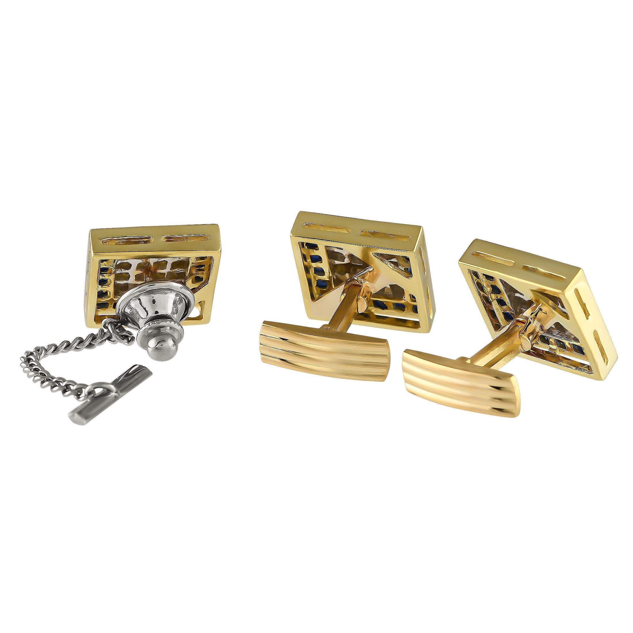 Give your man's formal wear an exceptionally luxurious finish with this cufflinks and tie tag set. The cufflinks and tie tag or tie clip are crafted in 18K yellow gold. They bear a square shape with a cluster of diamonds at the center, surrounded by