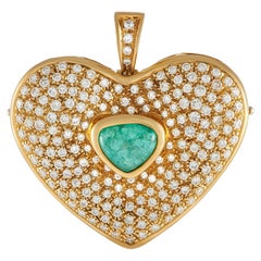 Lb Exclusive 18k Yellow Gold 3.50 Carat Diamond and Emerald Heart Pendant Brooch
