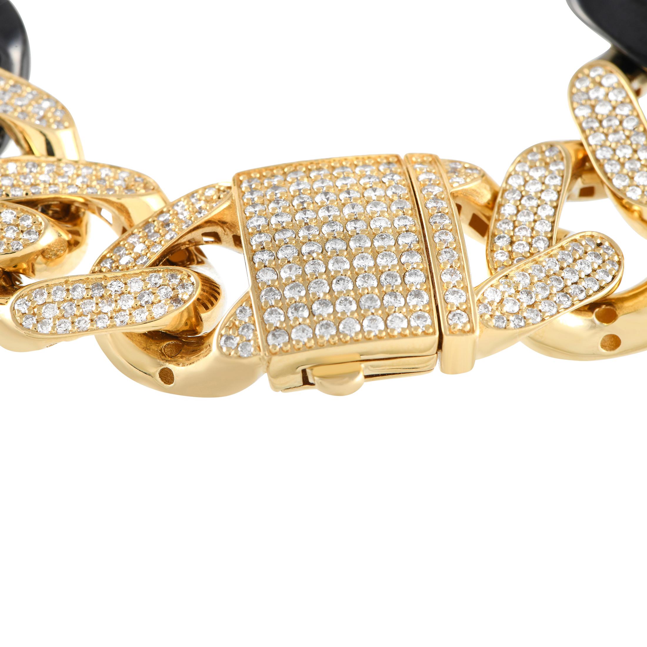 Round Cut LB Exclusive 18K Yellow Gold 5.0ct Diamond Black Curb Chain Bracelet For Sale