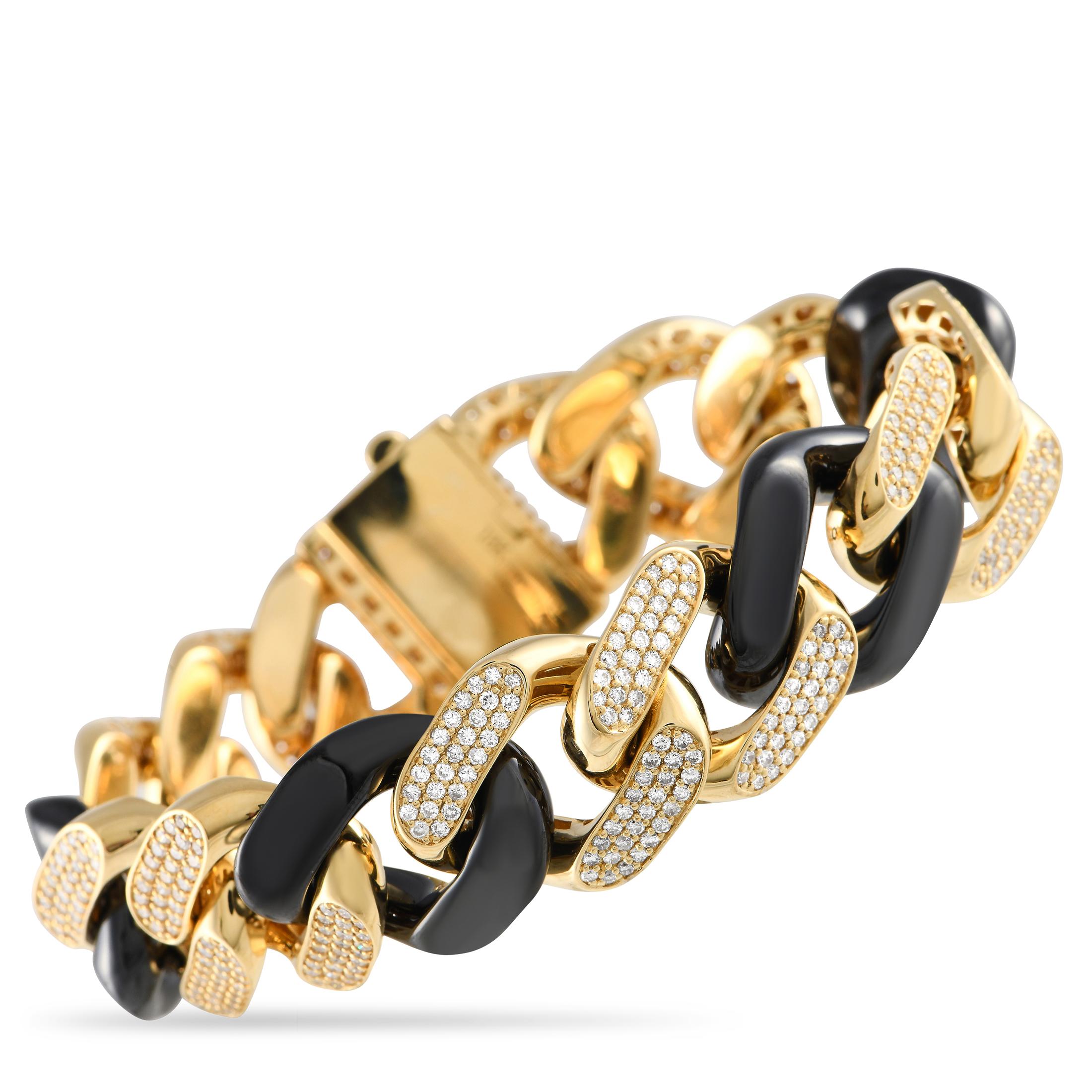 LB Exclusive 18K Yellow Gold 5.0ct Diamond Black Curb Chain Bracelet In New Condition For Sale In Southampton, PA