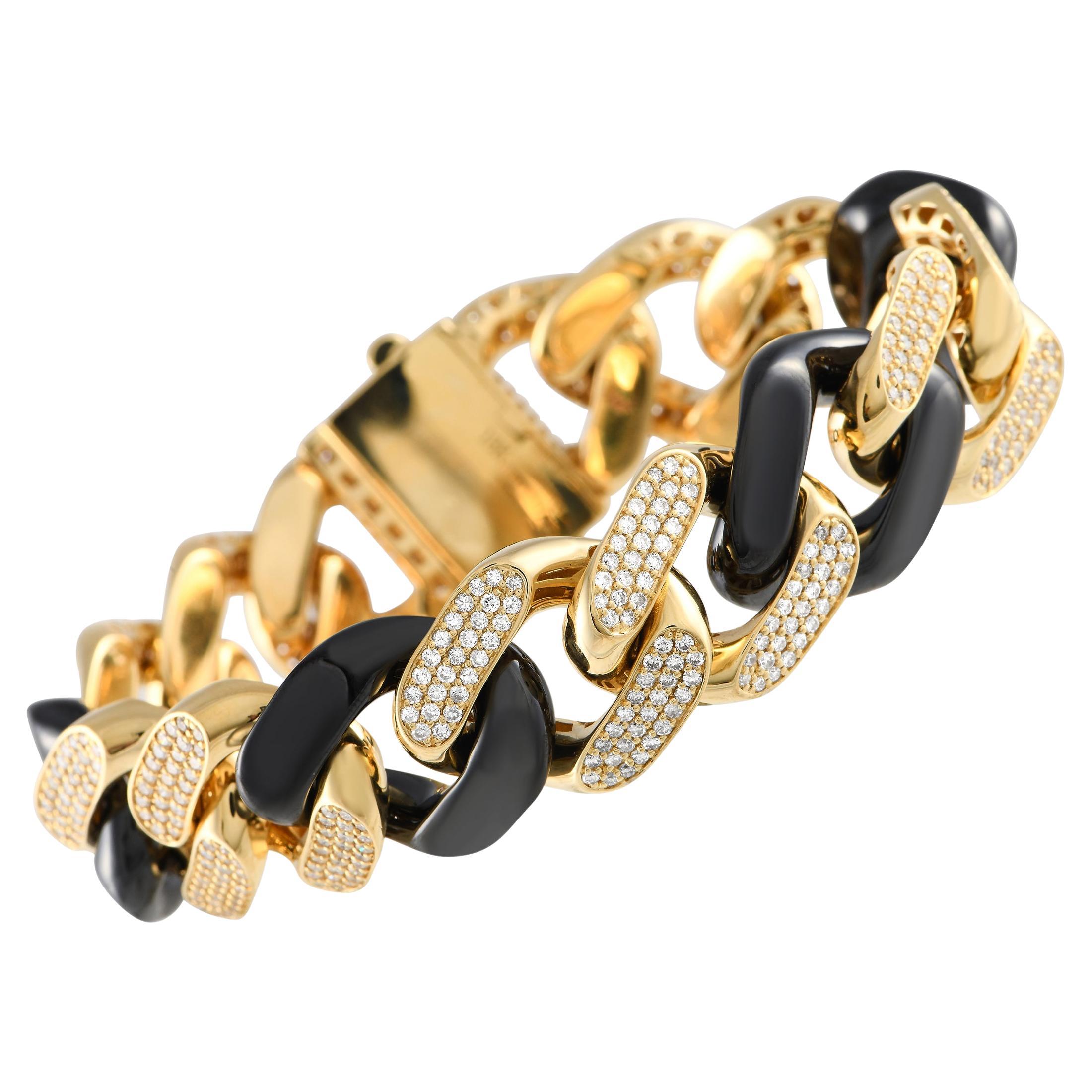 LB Exclusive 18K Yellow Gold 5.0ct Diamond Black Curb Chain Bracelet For Sale