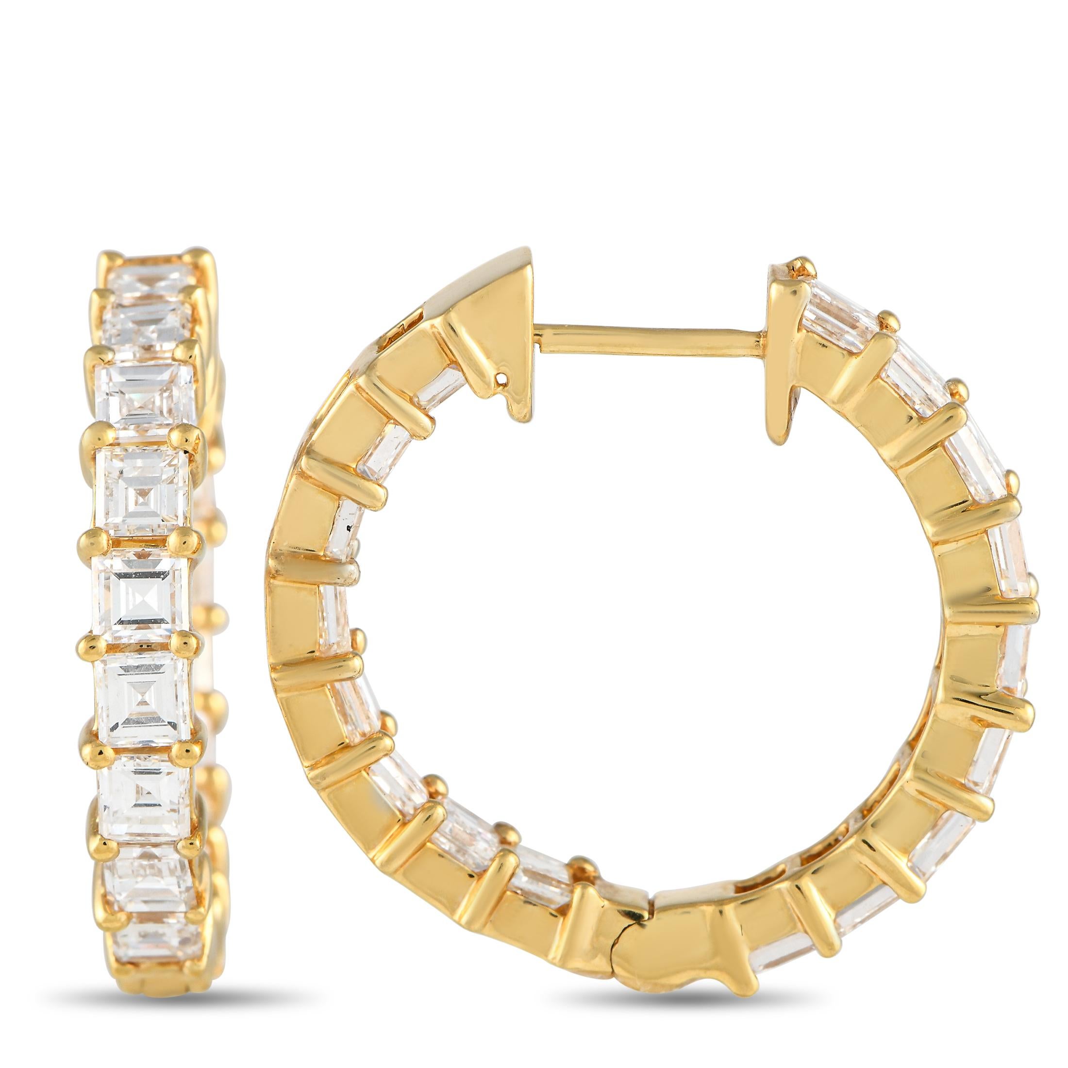Square-cut diamonds totaling 5.0 carats make these earrings simply unforgettable. Sophisticated and incredibly versatile, each one includes an opulent 18K Yellow Gold setting measuring 1.0” round. 
 
This jewelry piece is offered in brand new