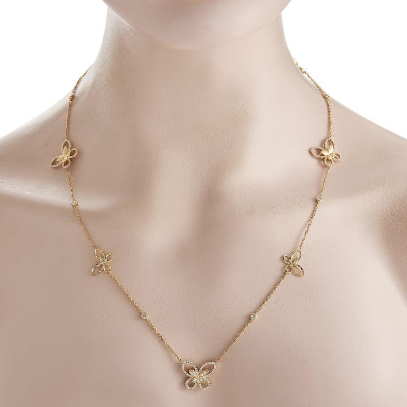 Stunning butterfly accents make this 36 201D; long necklace a dynamic piece that will continually capture your imagination. Lustrous 18K yellow gold gives this impeccable accessory plenty of dimension, while diamonds with a total weight of 5.0