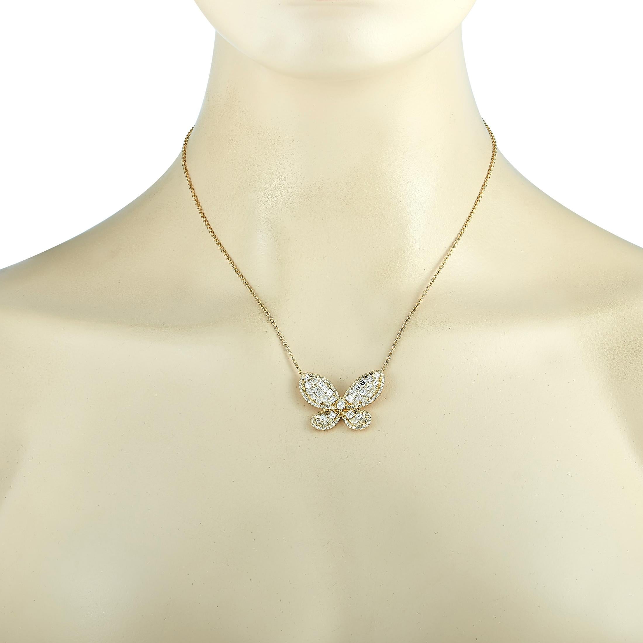 This LB Exclusive necklace is crafted from 18K yellow gold and weighs 9.8 grams. It is presented with a 16” chain and a butterfly pendant that measures 1” in length and 1.25” in width. The necklace is set with a 0.24 ct marquise diamond and with