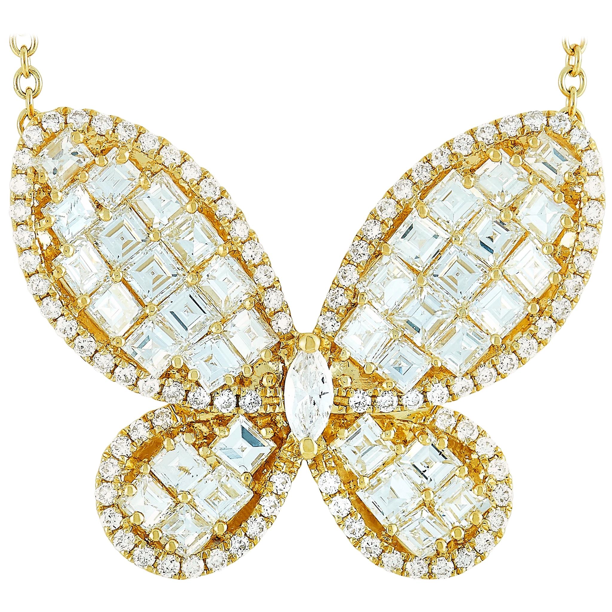 LB Exclusive 18 Karat Yellow Gold 5.35 Carat Diamond Butterfly Pendant Necklace